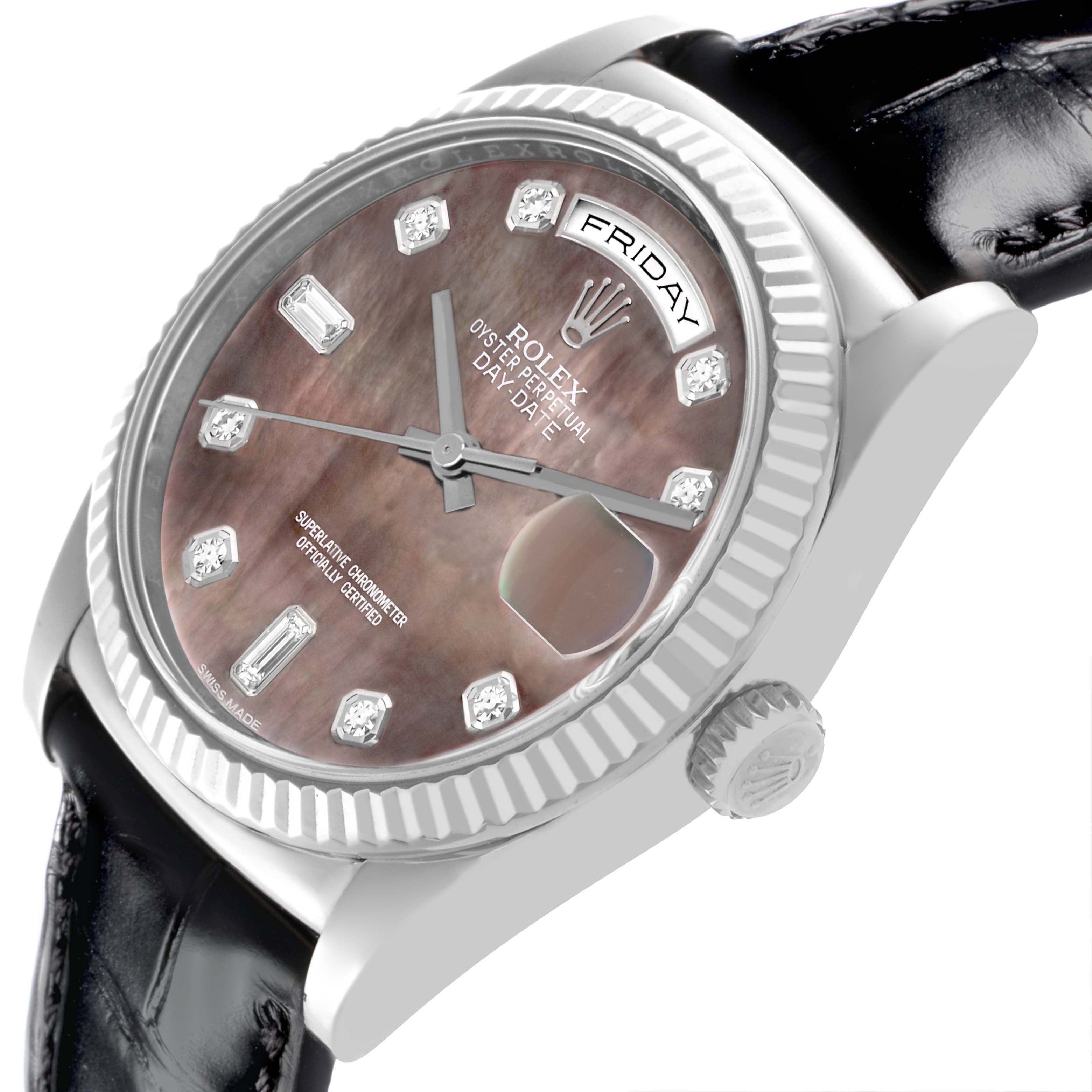 The Rolex President 118139 Men's White Gold Mother of Pearl Dial watch is shown from an angled side view, highlighting the dial, bezel, crown, and part of the strap.
