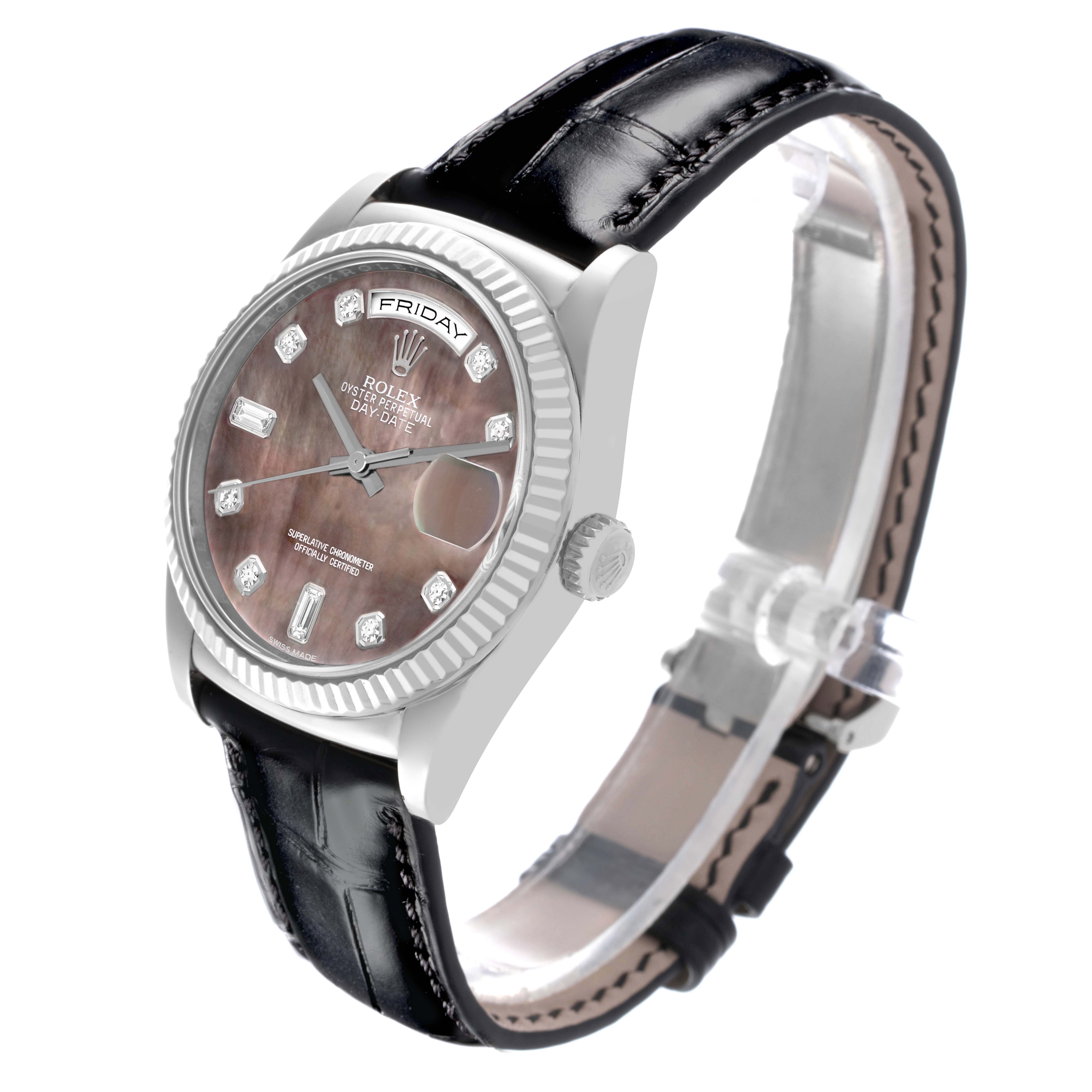 The Rolex President 118139 Men's White Gold Mother of Pearl Dial watch is shown at a side angle, highlighting the face, bezel, crown, and leather strap.