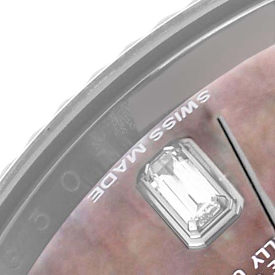 The image shows a close-up of a Rolex President 118139 Men's White Gold Mother of Pearl Dial watch dial featuring a diamond hour marker and part of the bezel.