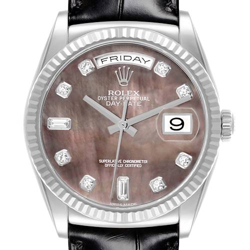 The Rolex President 118139 Men's White Gold Mother of Pearl Dial watch is shown from a front angle, displaying the dial, bezel, and part of the strap.