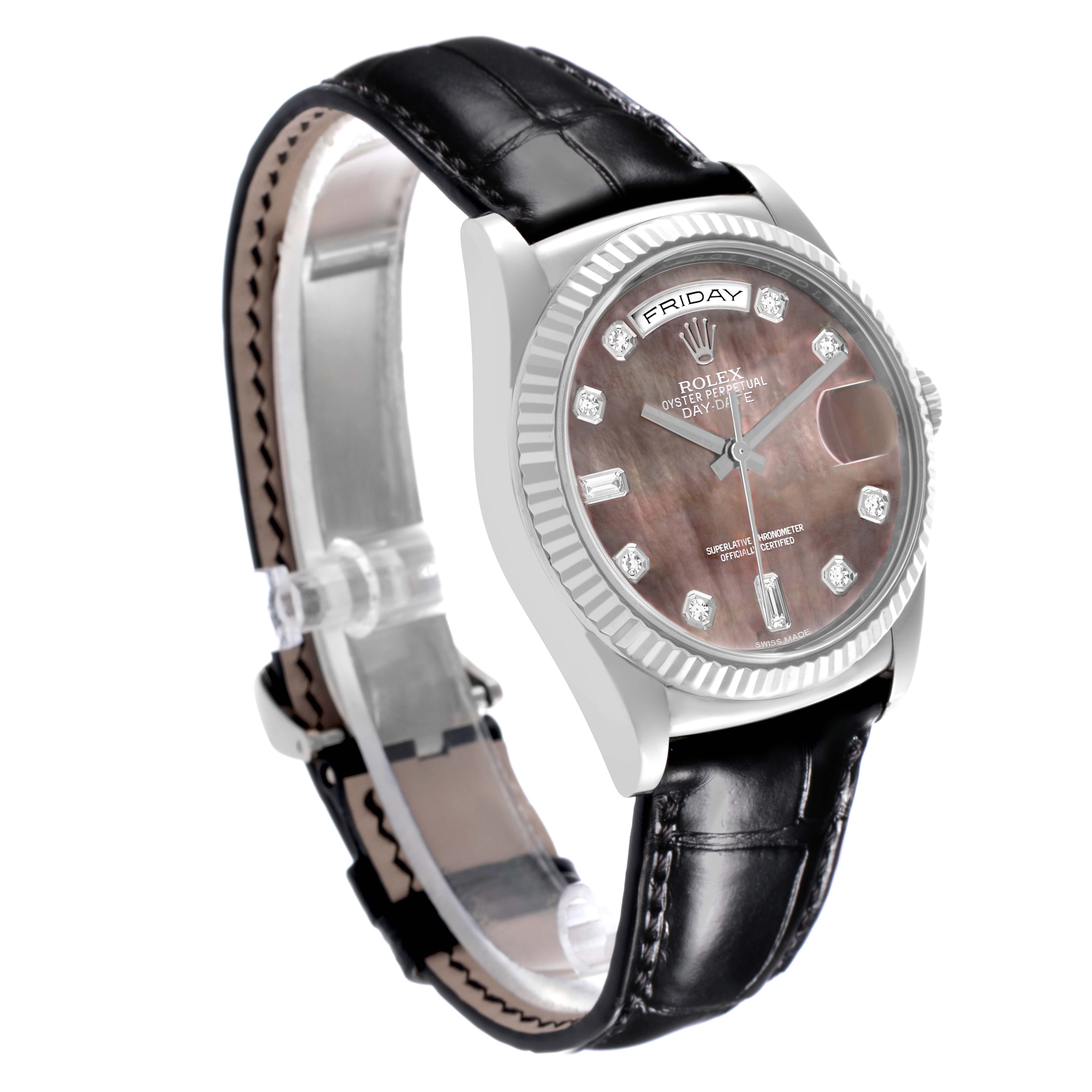 The Rolex President 118139 Men's White Gold Mother of Pearl Dial watch is shown at a three-quarter angle, highlighting the bezel, dial, and black leather strap.