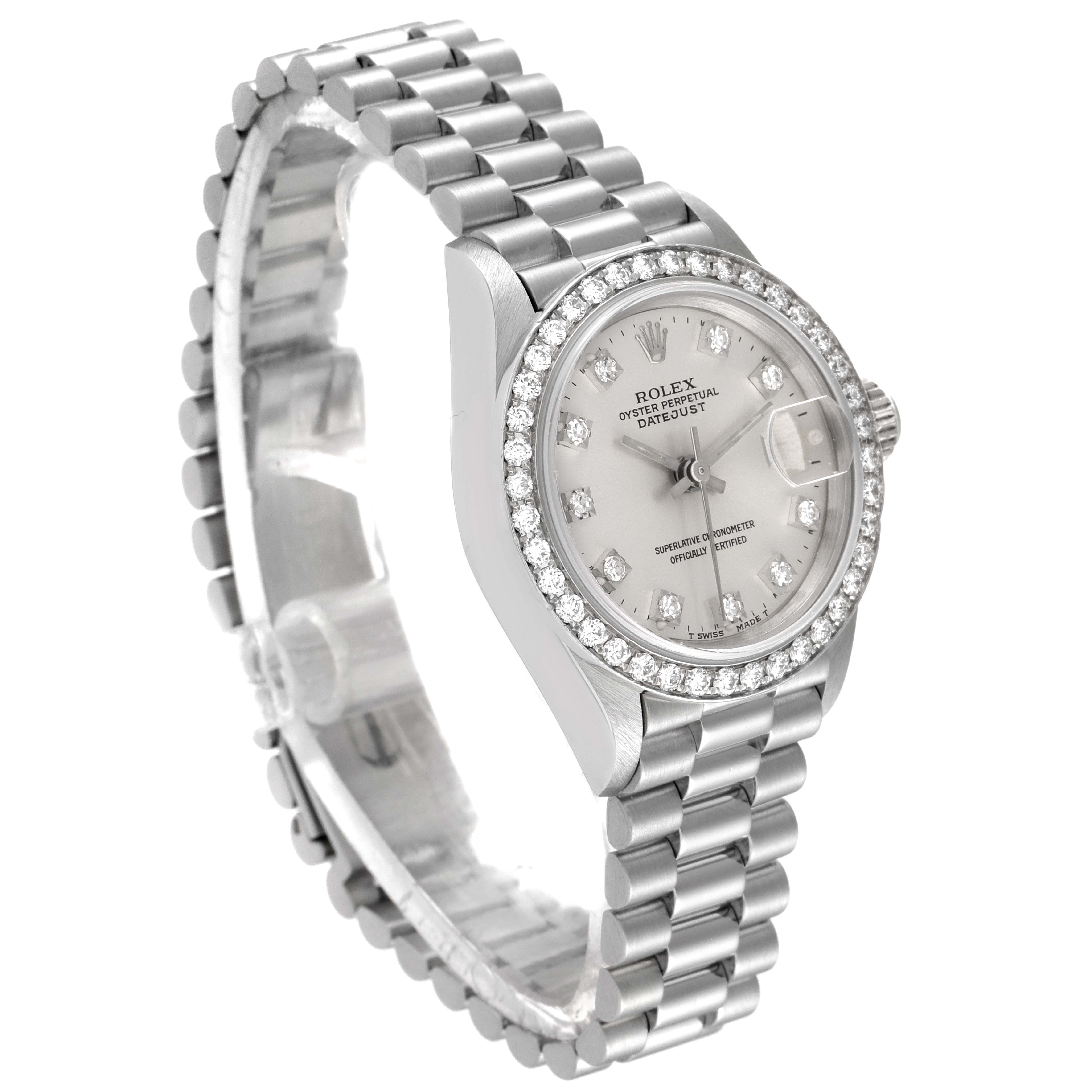 This image shows a side angle of the Rolex President 69136 Women's Platinum Silver Dial 69136 Women's Platinum Silver Dial model watch, highlighting its bracelet, bezel, dial, and crown.