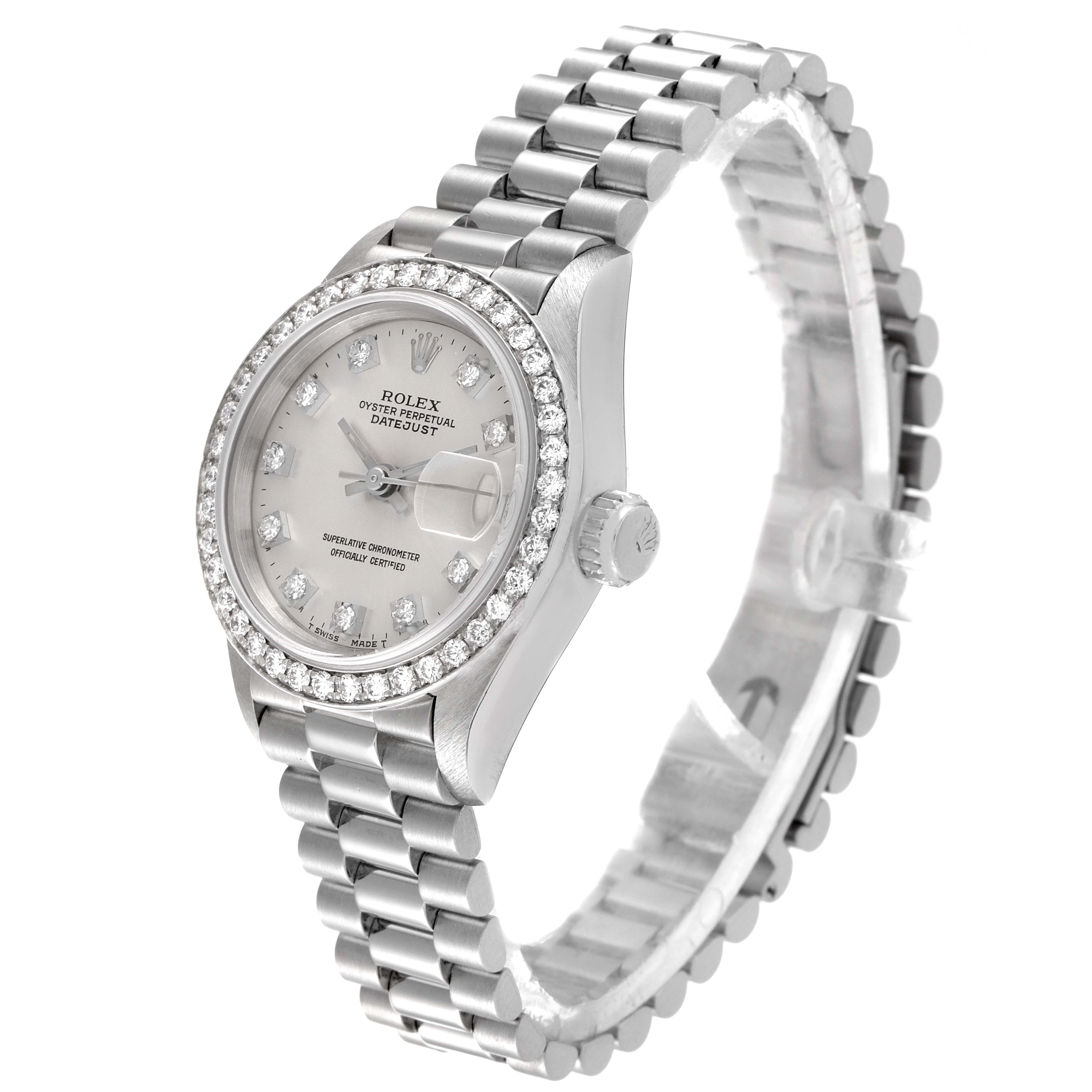 The Rolex President 69136 Women's Platinum Silver Dial 69136 Women's Platinum Silver Dial model watch is shown at an angled side view, displaying its face, bracelet, and diamond-encrusted bezel.