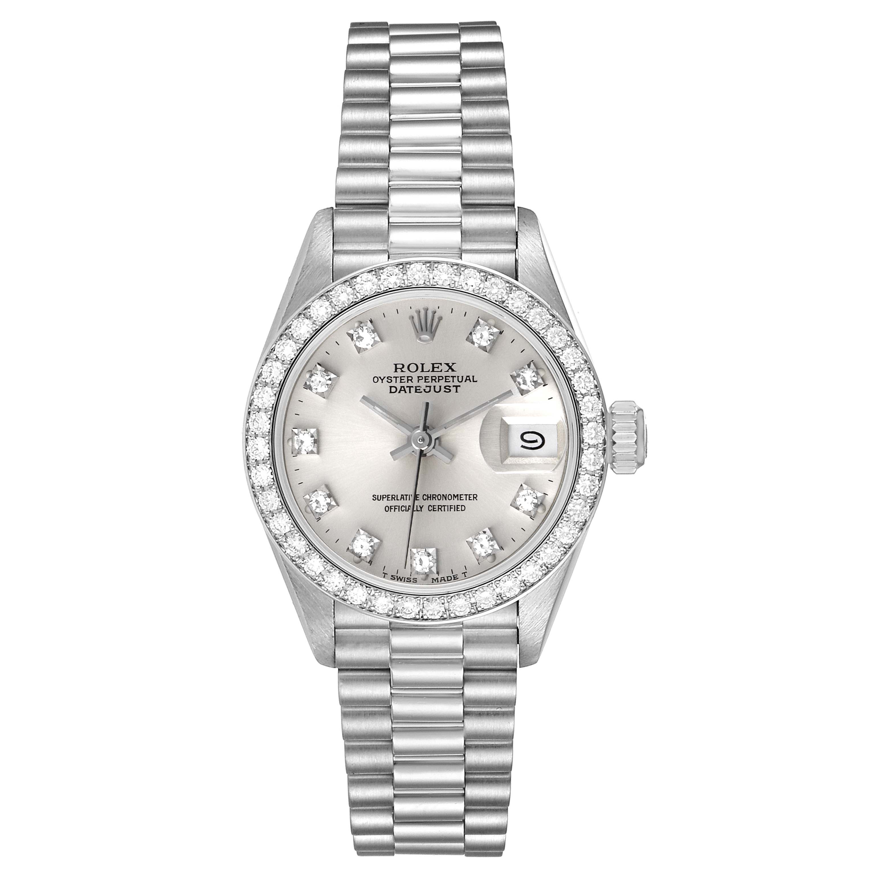 This watch, a Rolex President 69136 Women's Platinum Silver Dial 69136 Women's Platinum Silver Dial model, is shown from the front, displaying its bezel, dial, hands, date window, and bracelet.