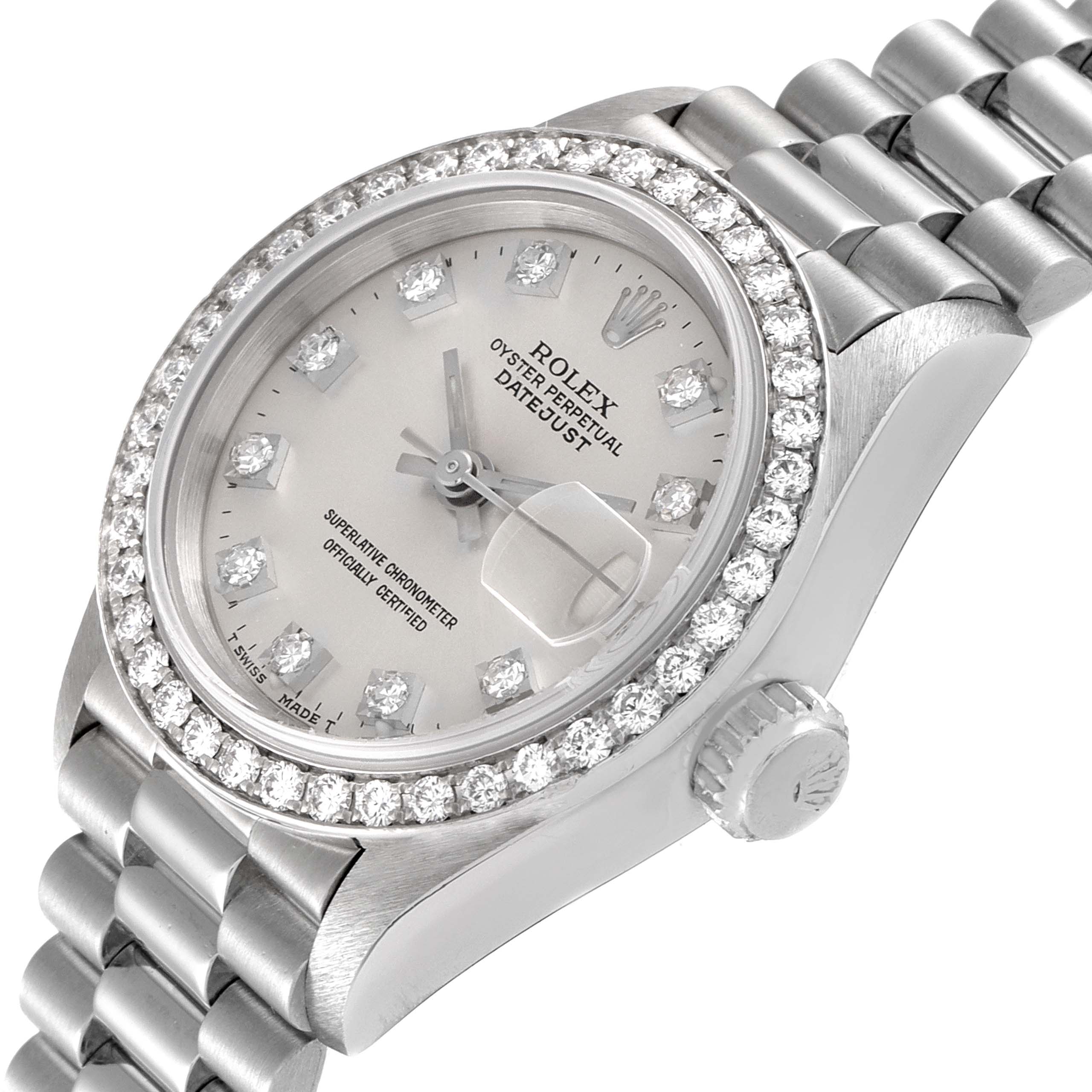 This image shows a close-up angled view of the Rolex President 69136 Women's Platinum Silver Dial 69136 Women's Platinum Silver Dial Datejust model, highlighting the dial, bezel, and part of the bracelet.