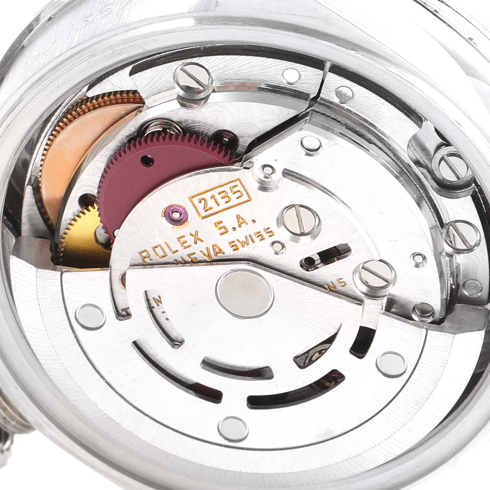 This image shows the internal mechanism of a Rolex President 69136 Women's Platinum Silver Dial 69136 Women's Platinum Silver Dial model watch, viewed from the back.