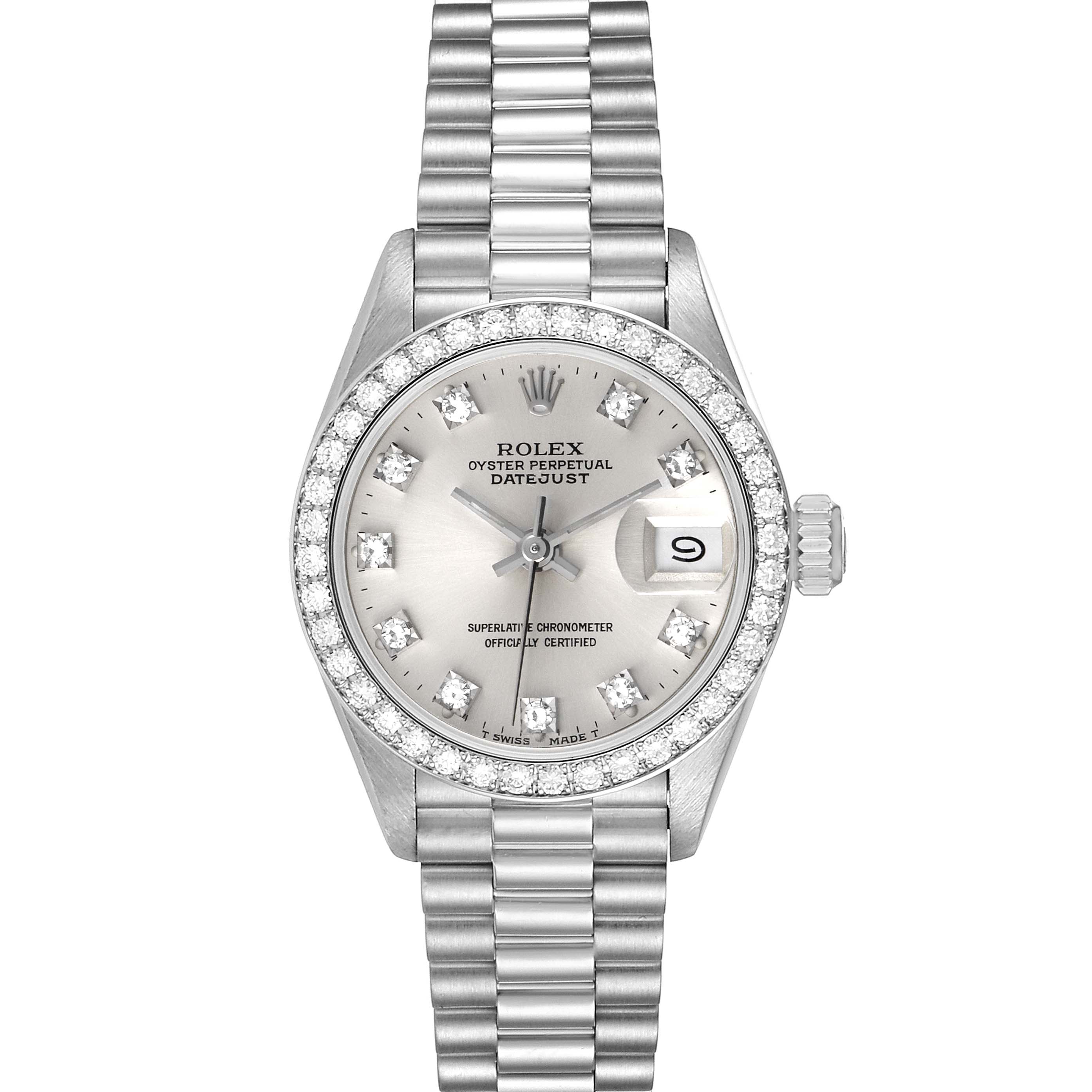 The image shows a front view of a Rolex President 69136 Women's Platinum Silver Dial 69136 Women's Platinum Silver Dial Datejust watch, highlighting the face, bezel, and bracelet.