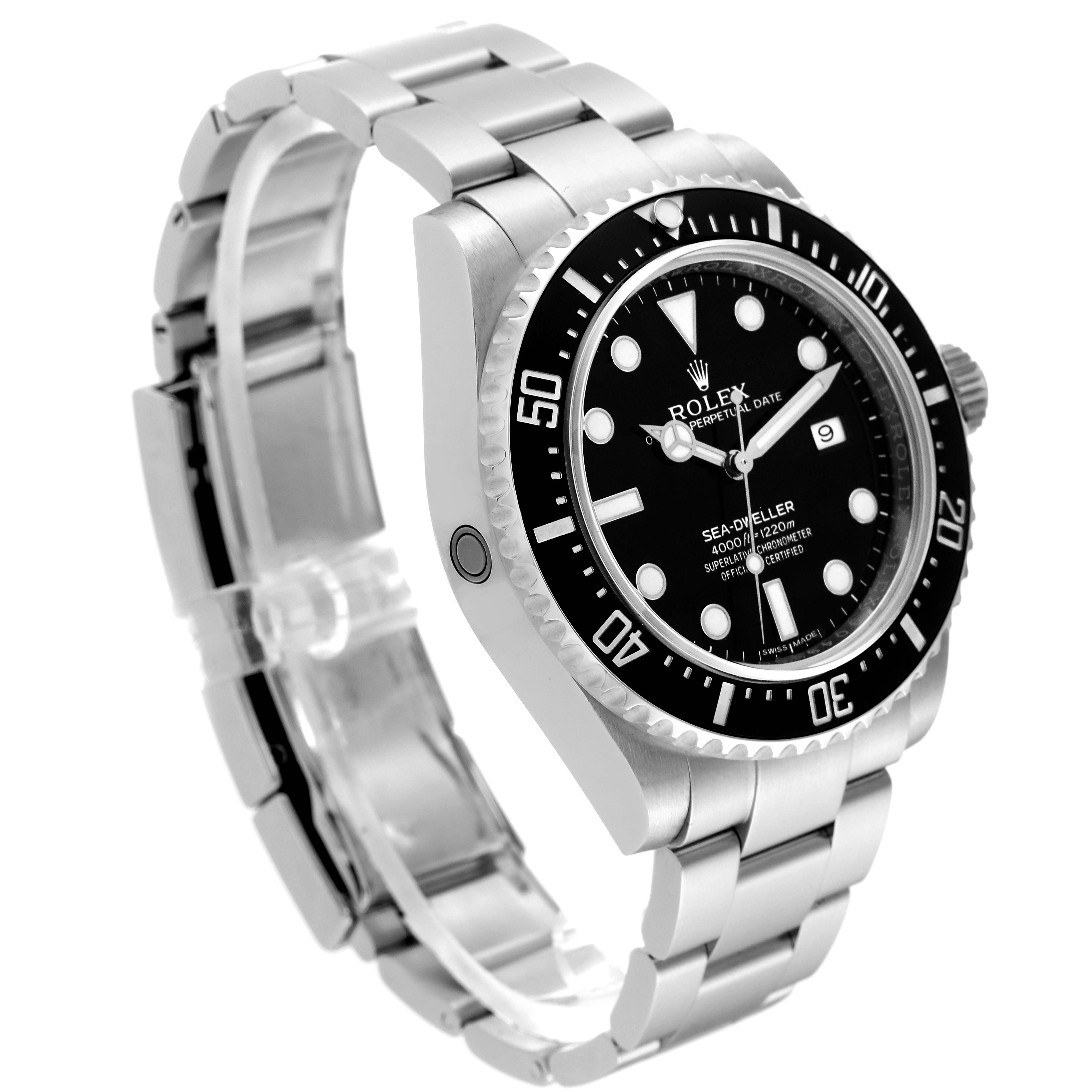 The image shows a side angle of the Rolex Sea-Dweller 116600 Men's Stainless Steel Black Dial 116600 Men's Stainless Steel Black Dial watch, highlighting the face, bezel, crown, and part of the bracelet.