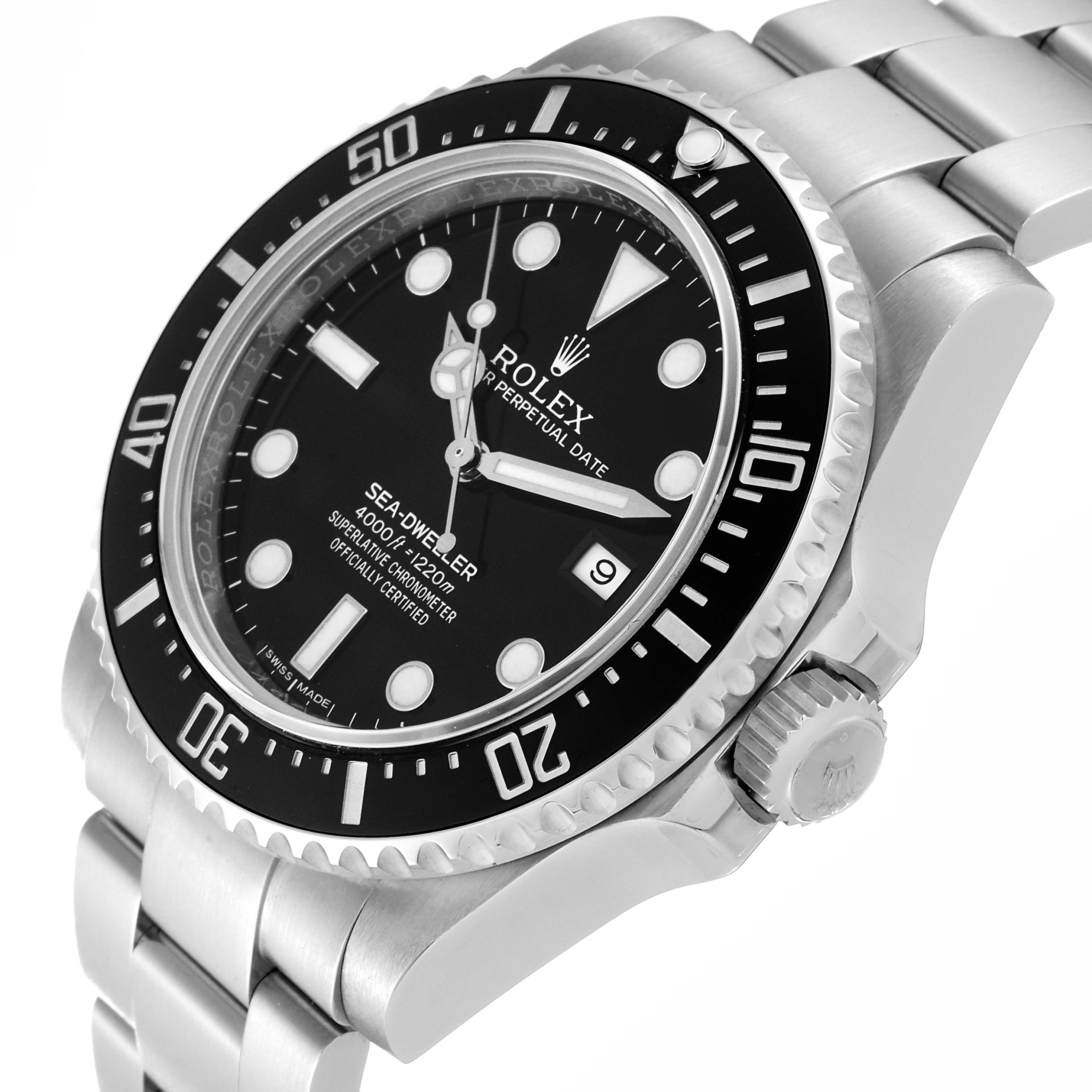 The image shows a Rolex Sea-Dweller 116600 Men's Stainless Steel Black Dial 116600 Men's Stainless Steel Black Dial watch at a three-quarter angle, highlighting the bezel, dial, and part of the bracelet.