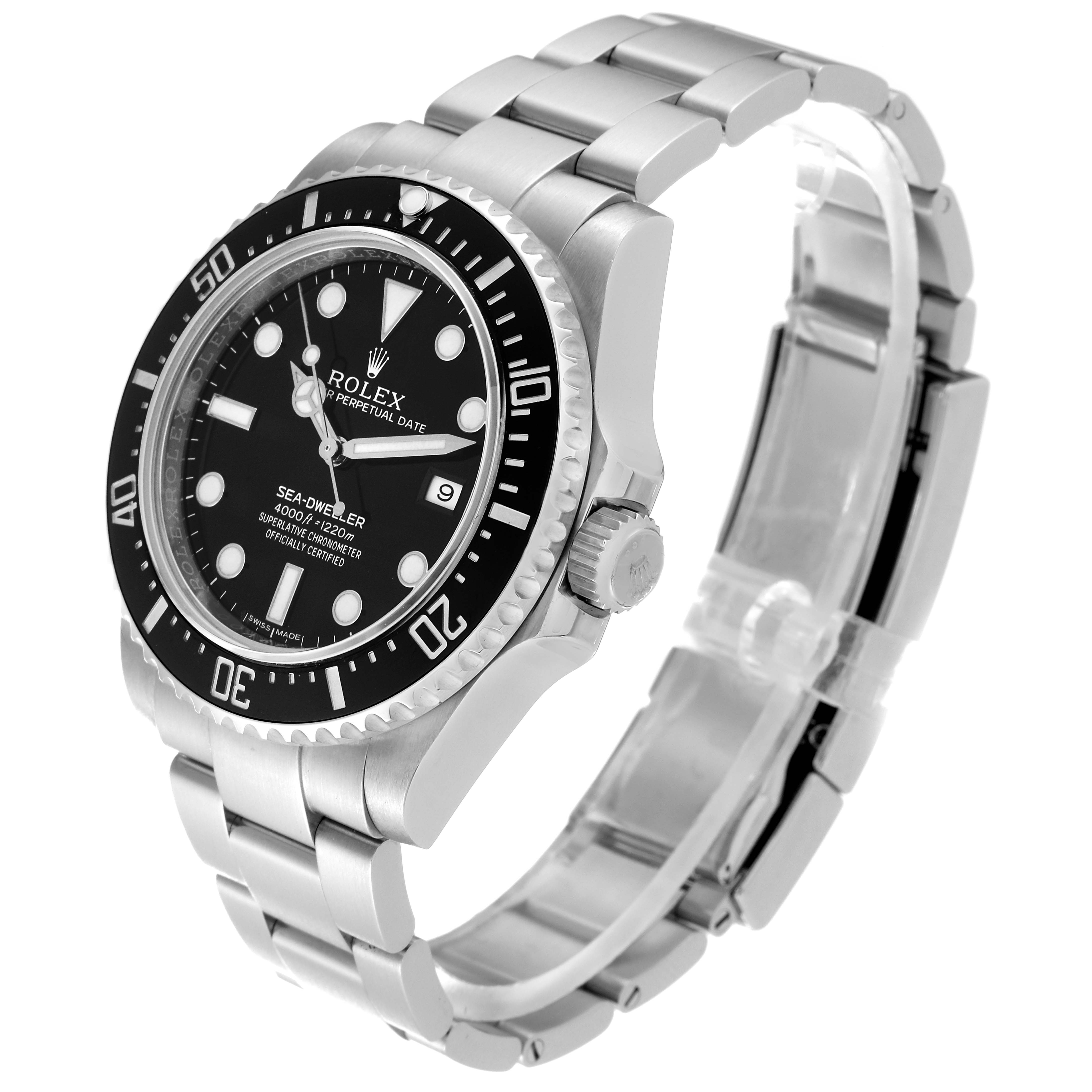 The image shows a Rolex Sea-Dweller 116600 Men's Stainless Steel Black Dial 116600 Men's Stainless Steel Black Dial watch at a three-quarter angle, highlighting the dial, bezel, and bracelet.