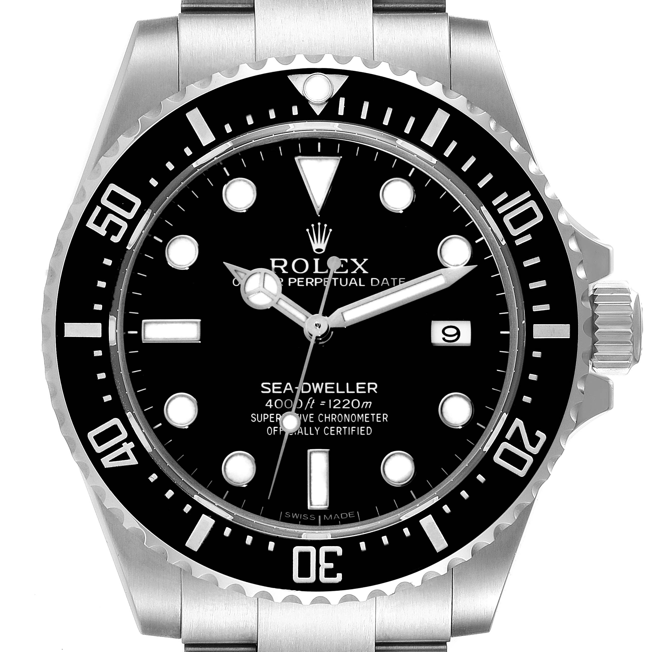 The image shows a front-facing view of the Rolex Sea-Dweller 116600 Men's Stainless Steel Black Dial 116600 Men's Stainless Steel Black Dial watch, highlighting its dial, bezel, and part of the bracelet.