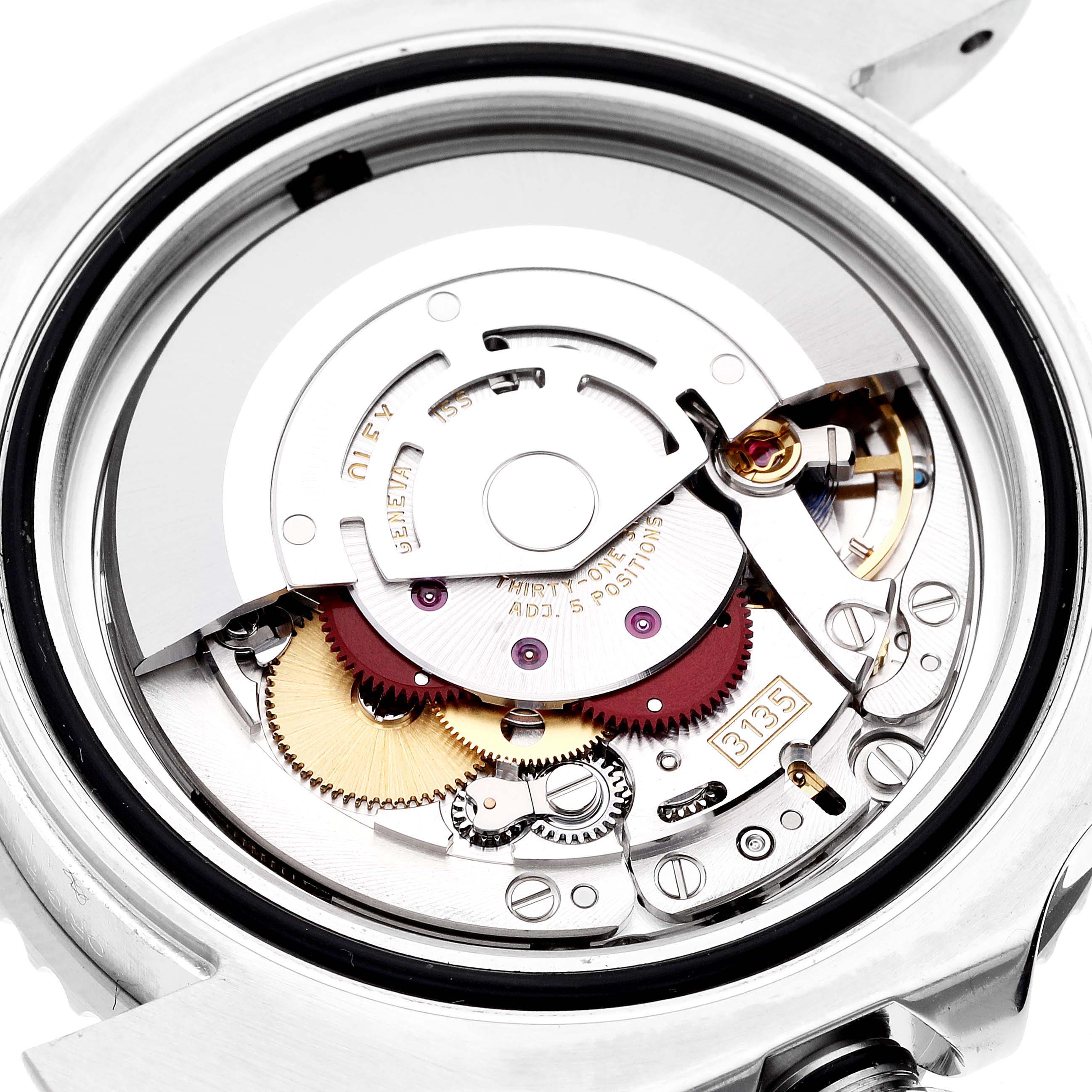 This image shows a close-up view of the movement and inner mechanics of a Rolex Sea-Dweller 116600 Men's Stainless Steel Black Dial 116600 Men's Stainless Steel Black Dial watch.