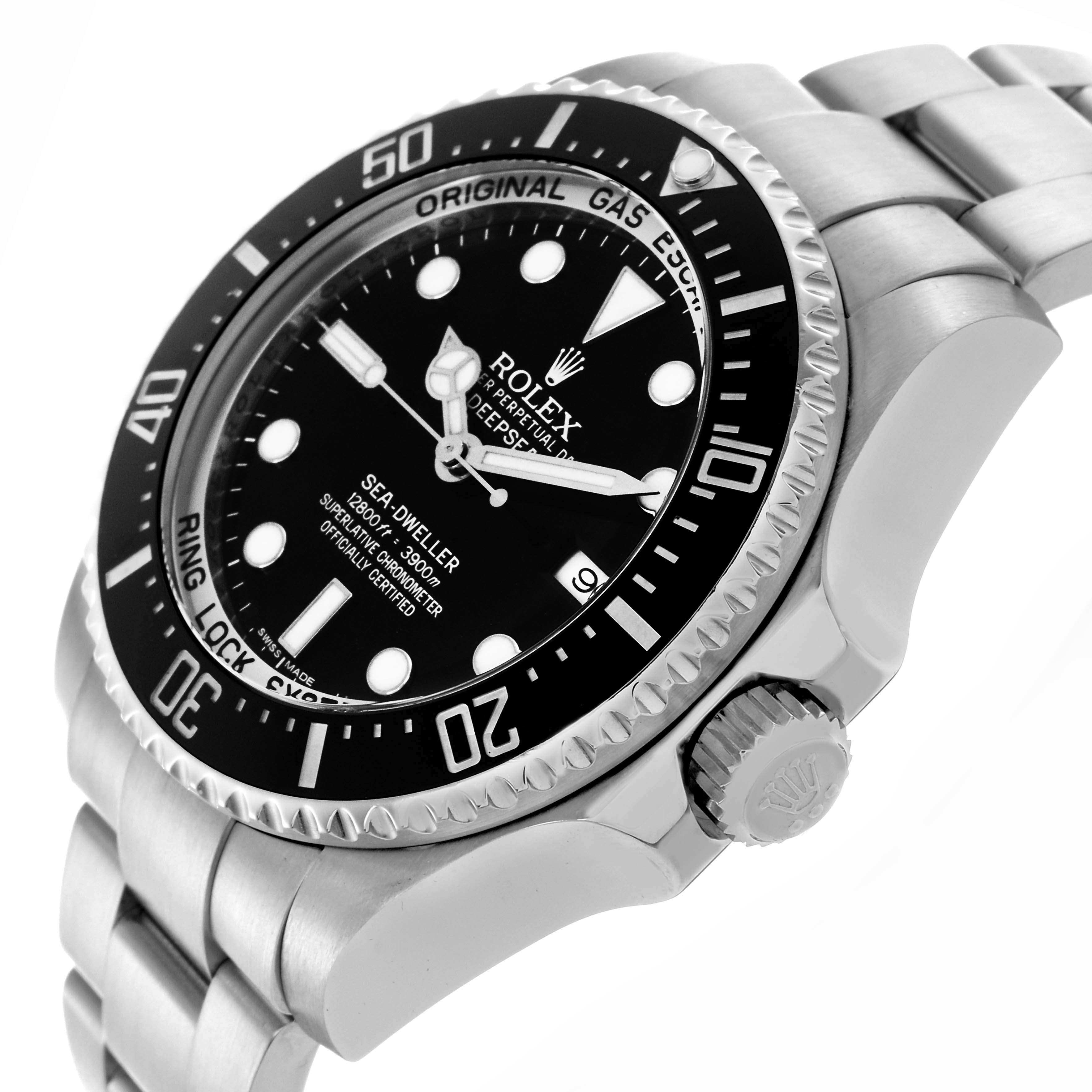 The Rolex Sea-Dweller 116660 Men's Stainless Steel Black Dial 116660 Men's Stainless Steel Black Dial watch is shown at an angle highlighting the dial, bezel, crown, and part of the bracelet.