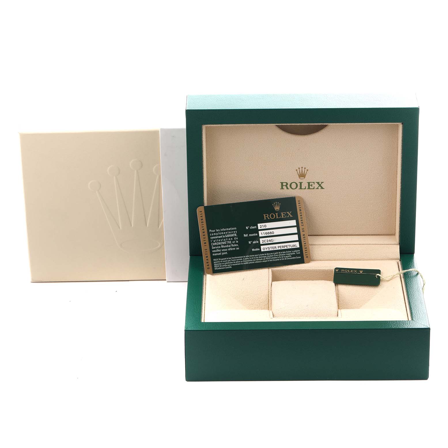 The image shows an open Rolex Sea-Dweller 116660 Men's Stainless Steel Black Dial 116660 Men's Stainless Steel Black Dial box displaying the watch's warranty card and a green Rolex tag.