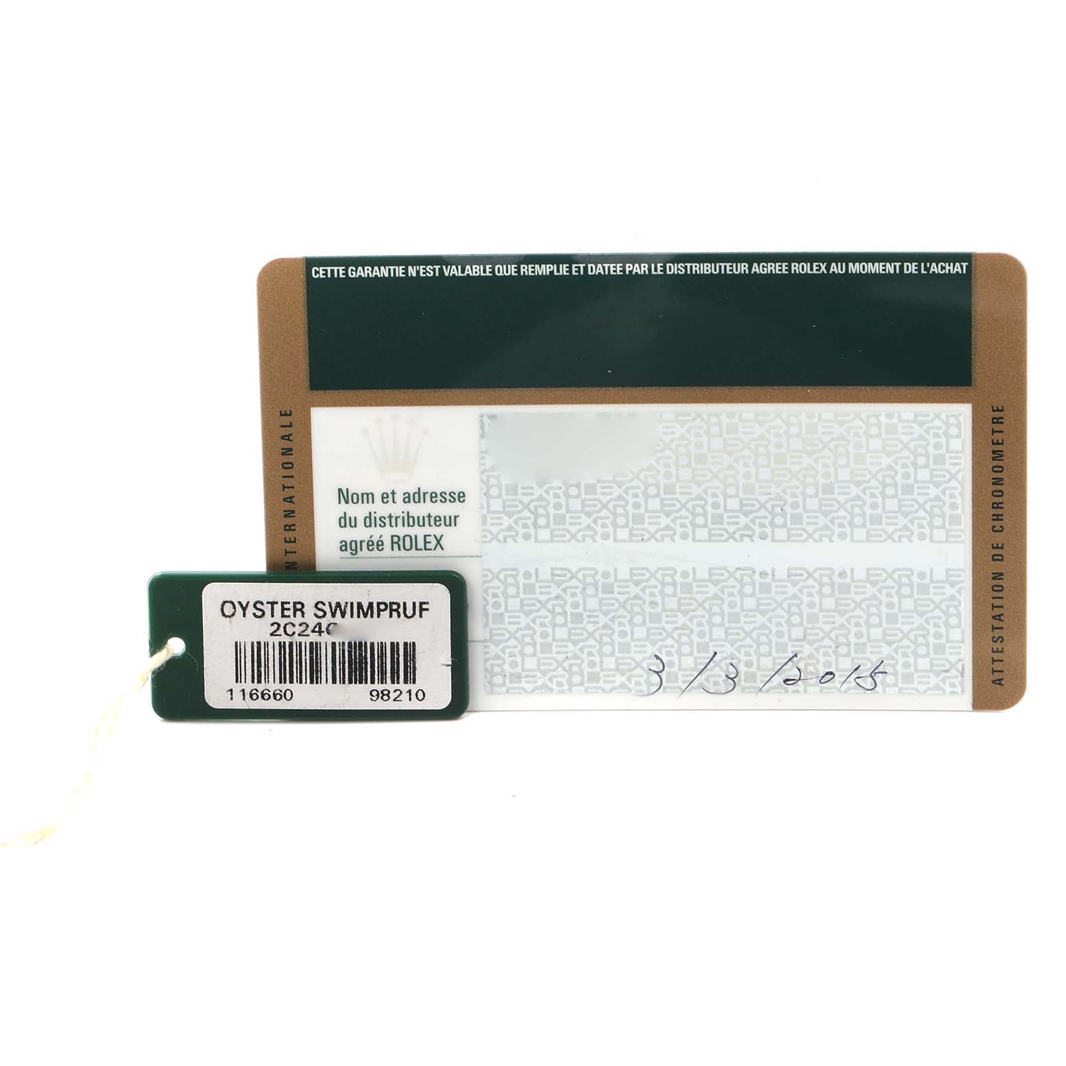 The image shows a Rolex Sea-Dweller 116660 Men's Stainless Steel Black Dial 116660 Men's Stainless Steel Black Dial model warranty card and an Oyster Swimpruf tag.