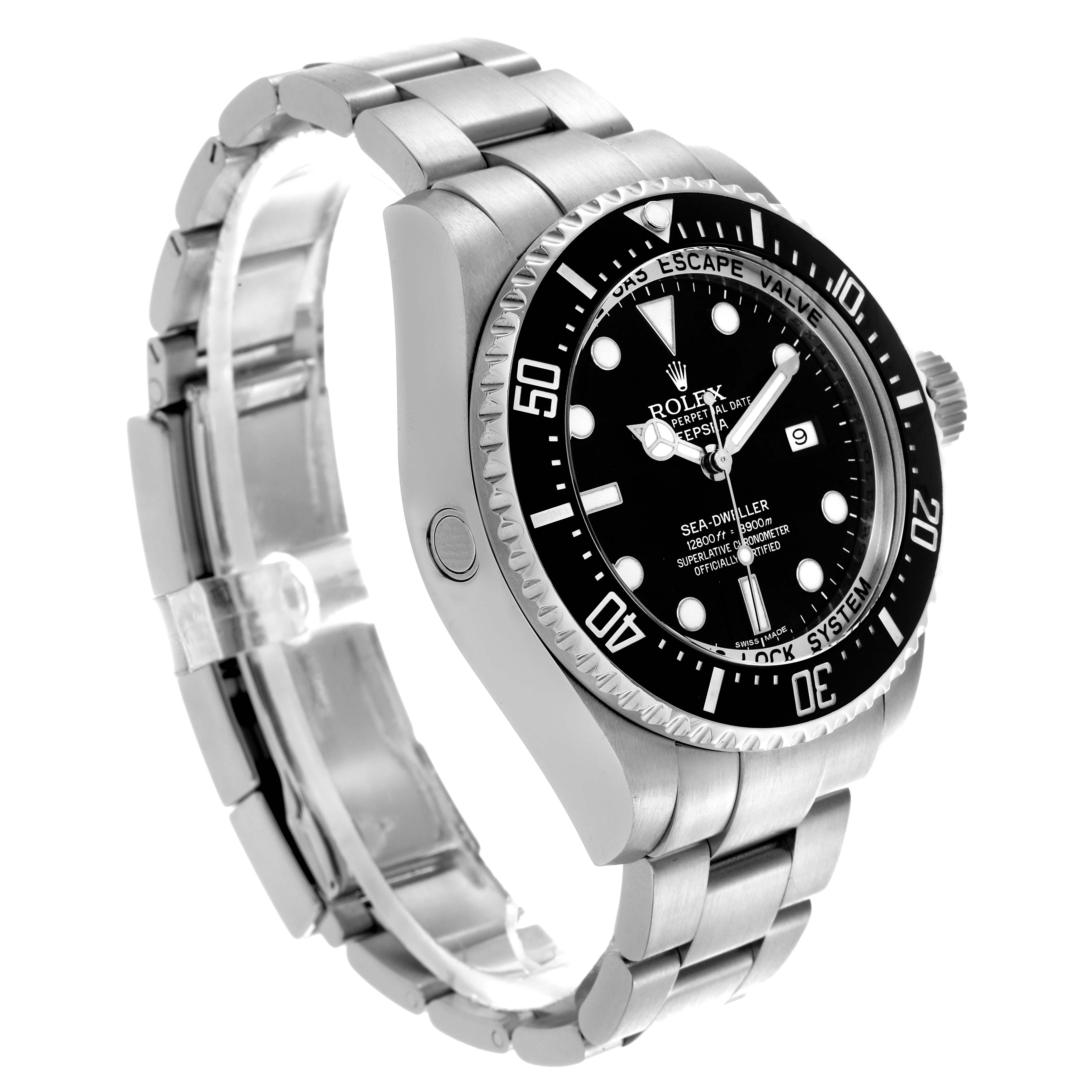 The Rolex Sea-Dweller 116660 Men's Stainless Steel Black Dial 116660 Men's Stainless Steel Black Dial watch is shown at a three-quarter angle, displaying its bracelet, bezel, and dial details.
