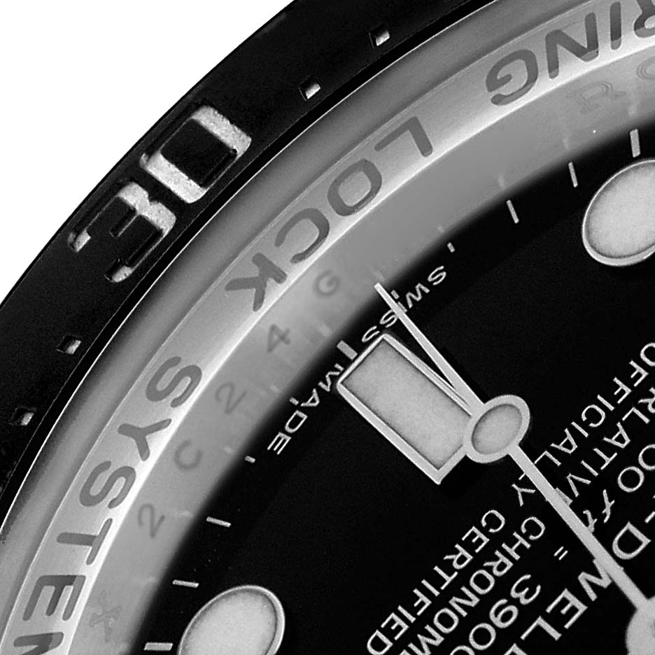 The image shows a close-up of the dial, bezel, and minute hand of a Rolex Sea-Dweller 116660 Men's Stainless Steel Black Dial 116660 Men's Stainless Steel Black Dial.