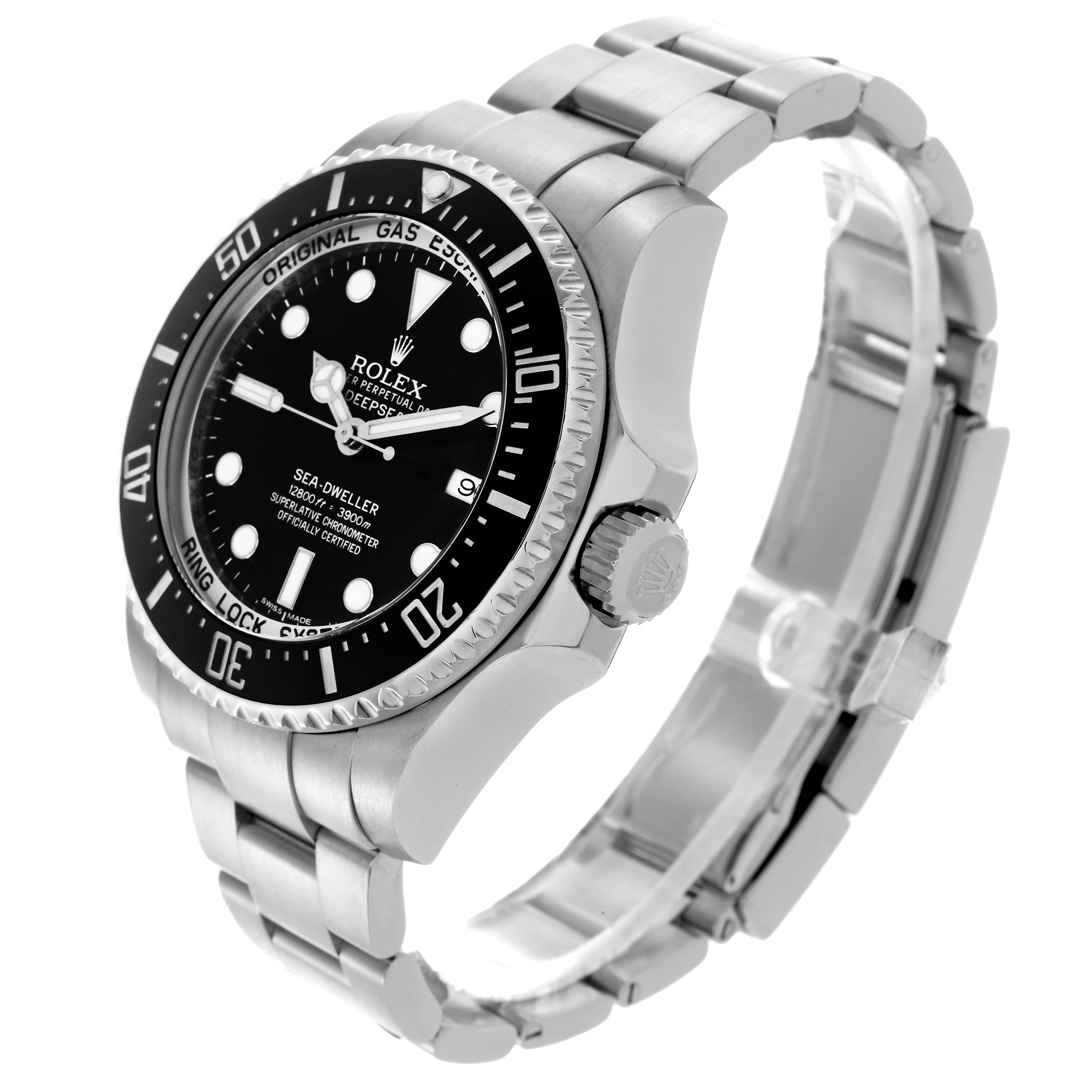 The Rolex Sea-Dweller 116660 Men's Stainless Steel Black Dial 116660 Men's Stainless Steel Black Dial watch is shown at a high angle, displaying the face, bezel, crown, and part of the bracelet.