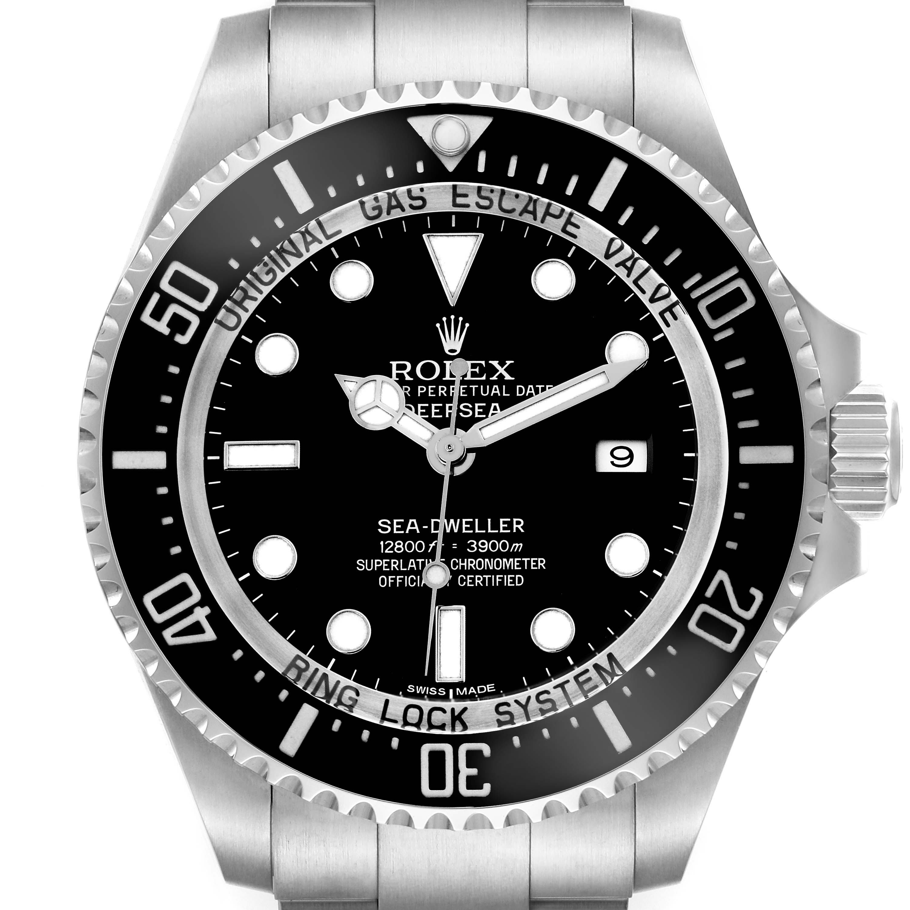 The image shows a front view of the Rolex Sea-Dweller 116660 Men's Stainless Steel Black Dial 116660 Men's Stainless Steel Black Dial watch, highlighting its dial, bezel, and crown.