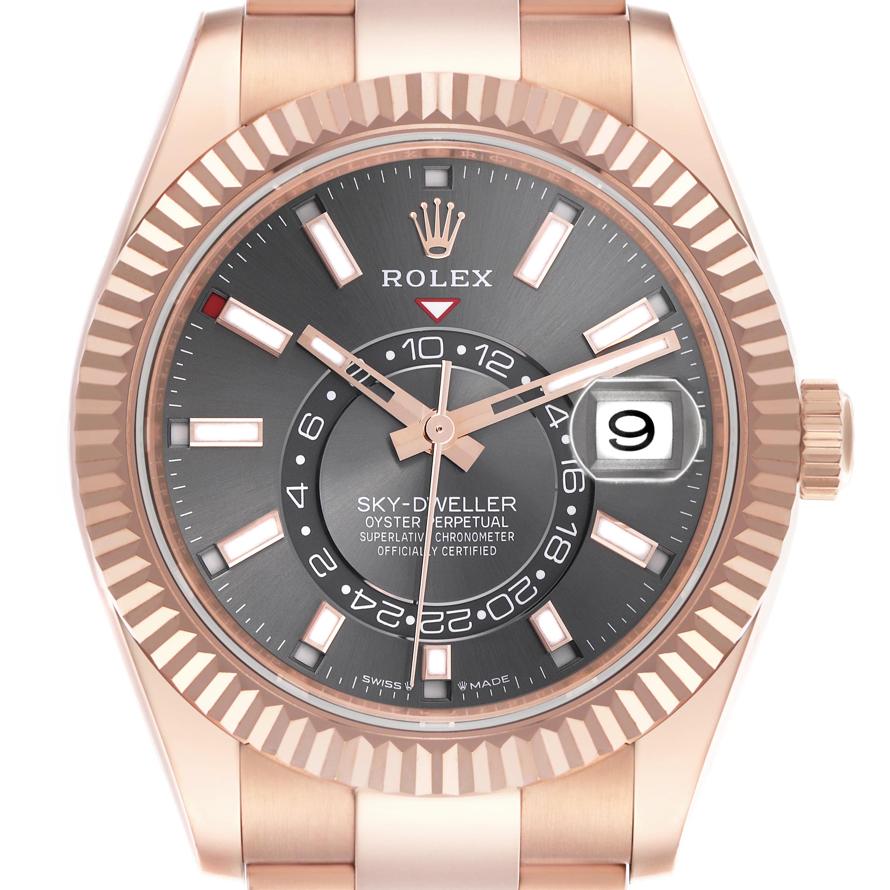 The Rolex Sky-Dweller 336935 Men's Rose Gold Grey Dial watch is shown from the front, displaying its dial, hands, bezel, and date window.