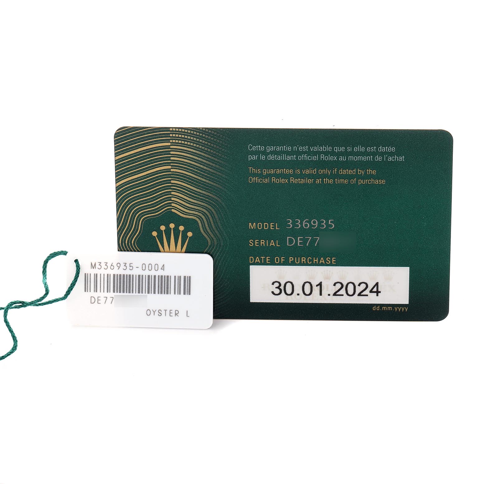 The image shows a Rolex Sky-Dweller 326935 Men's Rose Gold Grey Dial 326935 Men's Rose Gold Grey Dial tag and warranty card, displaying model, serial number, and purchase date.