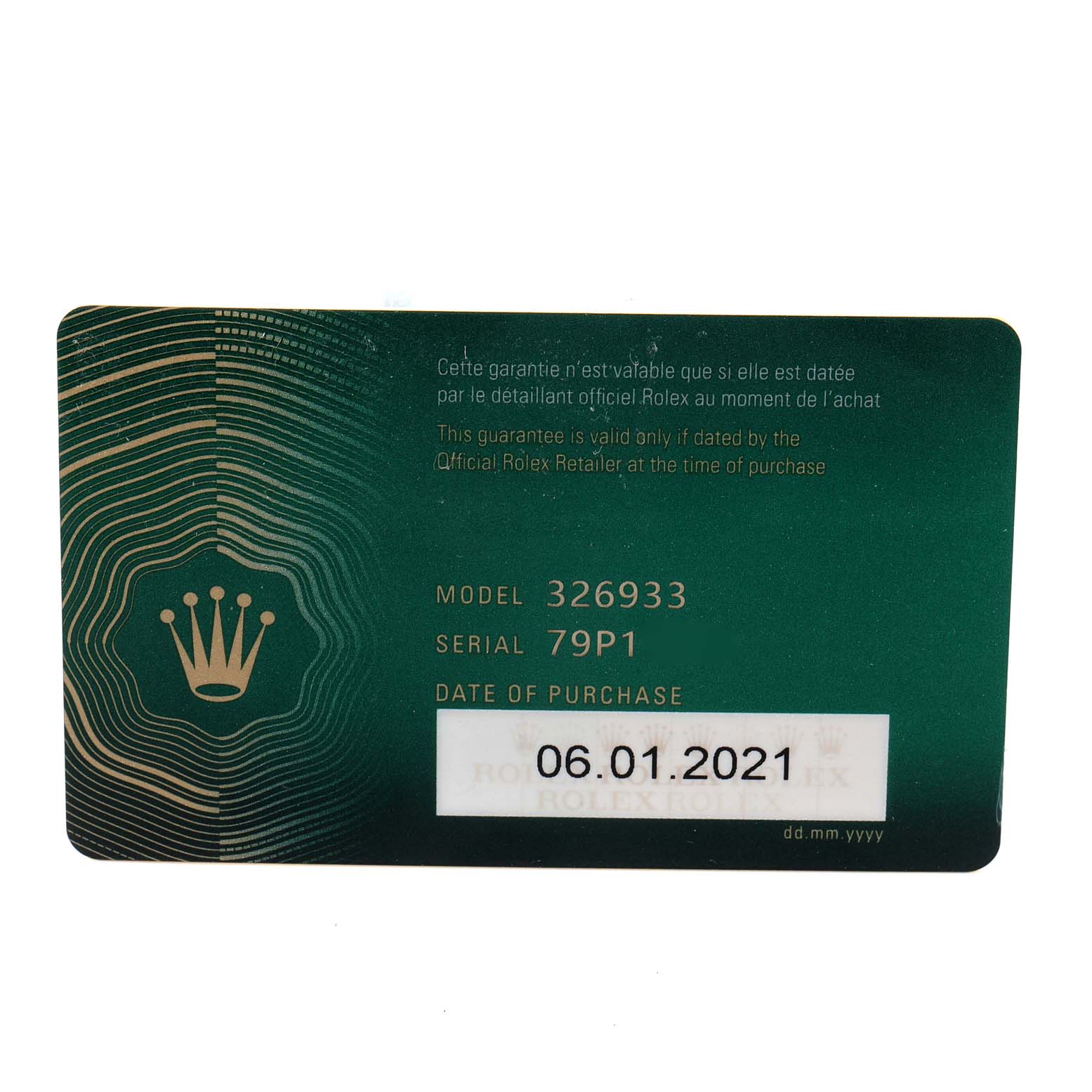 This image shows a warranty card for the Rolex Sky-Dweller 326933 Men's Steel and Gold (two tone) Black Dial 326933 Men's Steel and Gold (two tone) Black Dial model 326933, purchased on 06.01.2021.