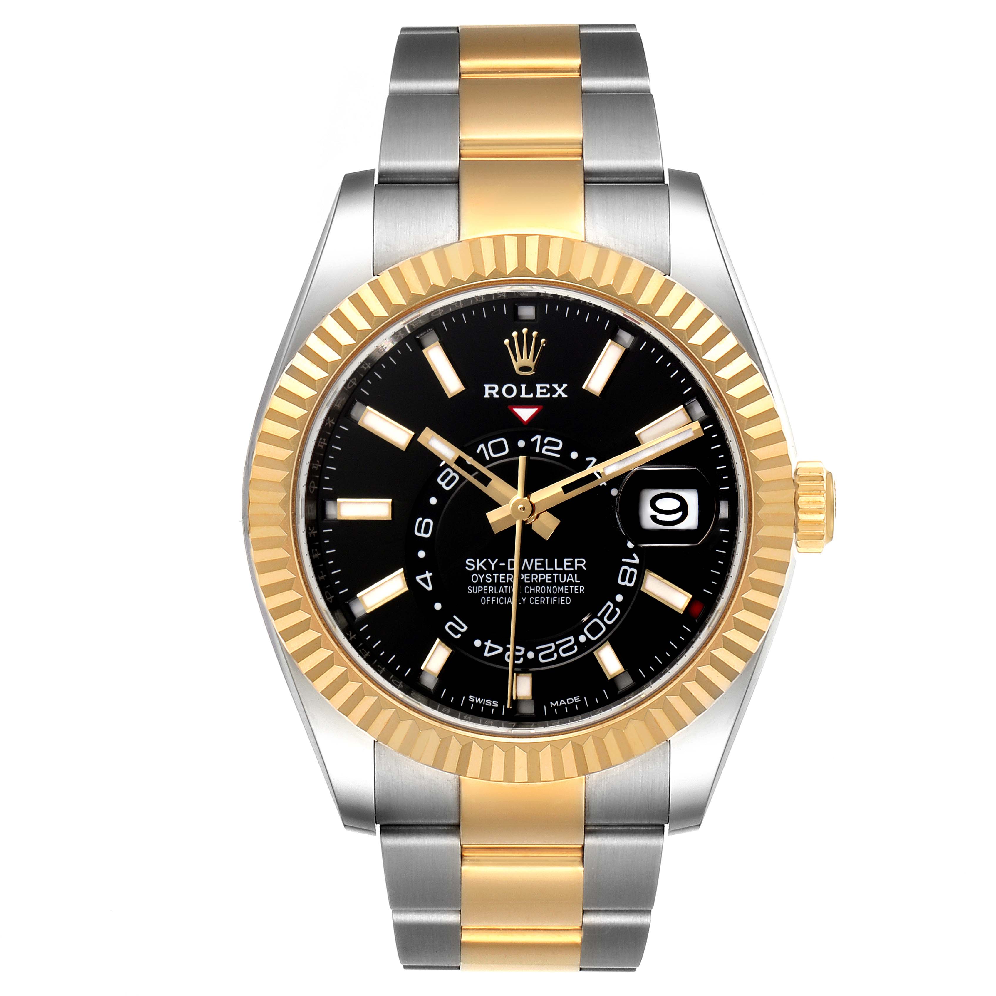 The image shows a front view of a Rolex Sky-Dweller 326933 Men's Steel and Gold (two tone) Black Dial 326933 Men's Steel and Gold (two tone) Black Dial watch, featuring a black dial, date window, and a two-tone gold and silver bracelet.