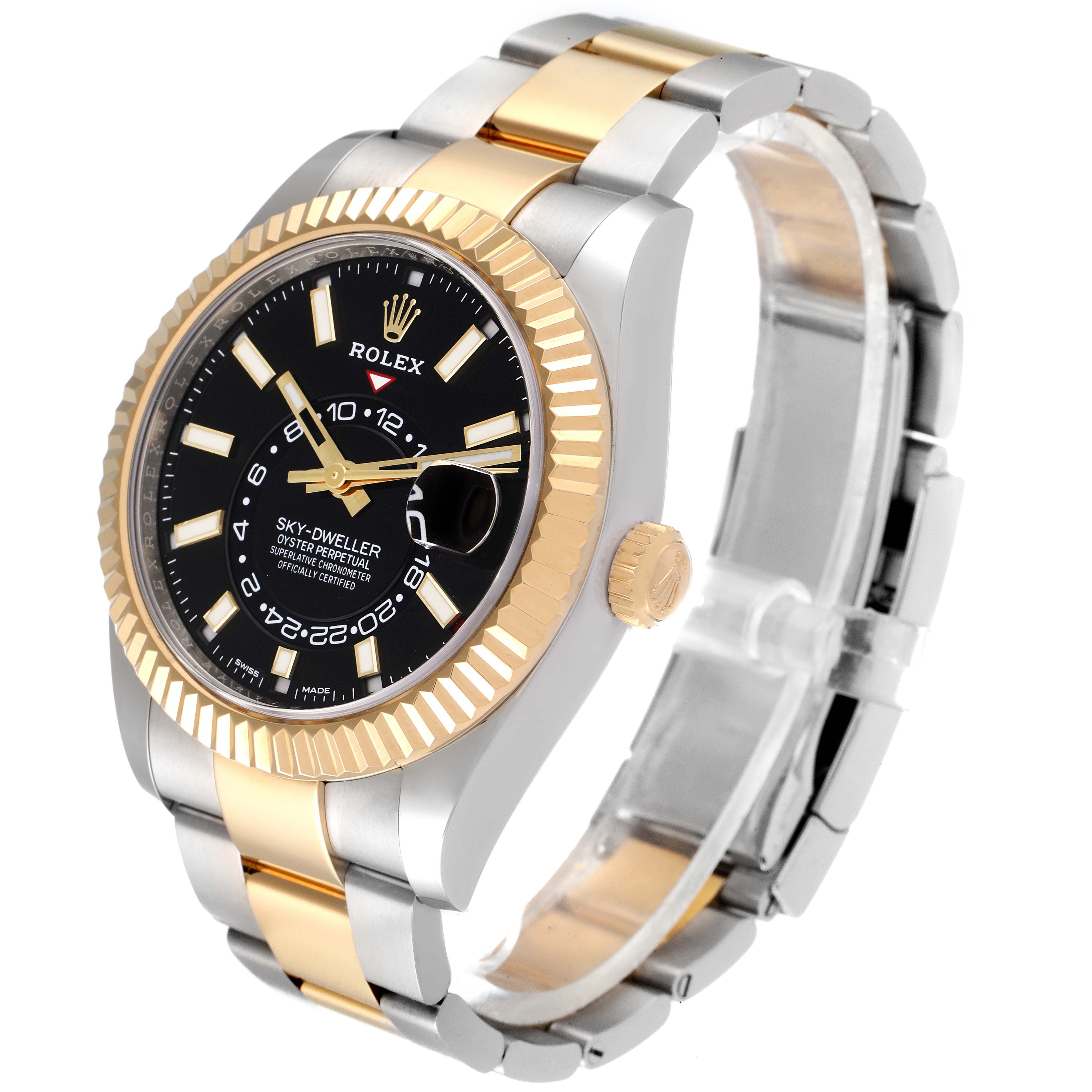 The Rolex Sky-Dweller 326933 Men's Steel and Gold (two tone) Black Dial 326933 Men's Steel and Gold (two tone) Black Dial watch is shown at an angle, highlighting its black dial, gold fluted bezel, and two-tone metal bracelet.