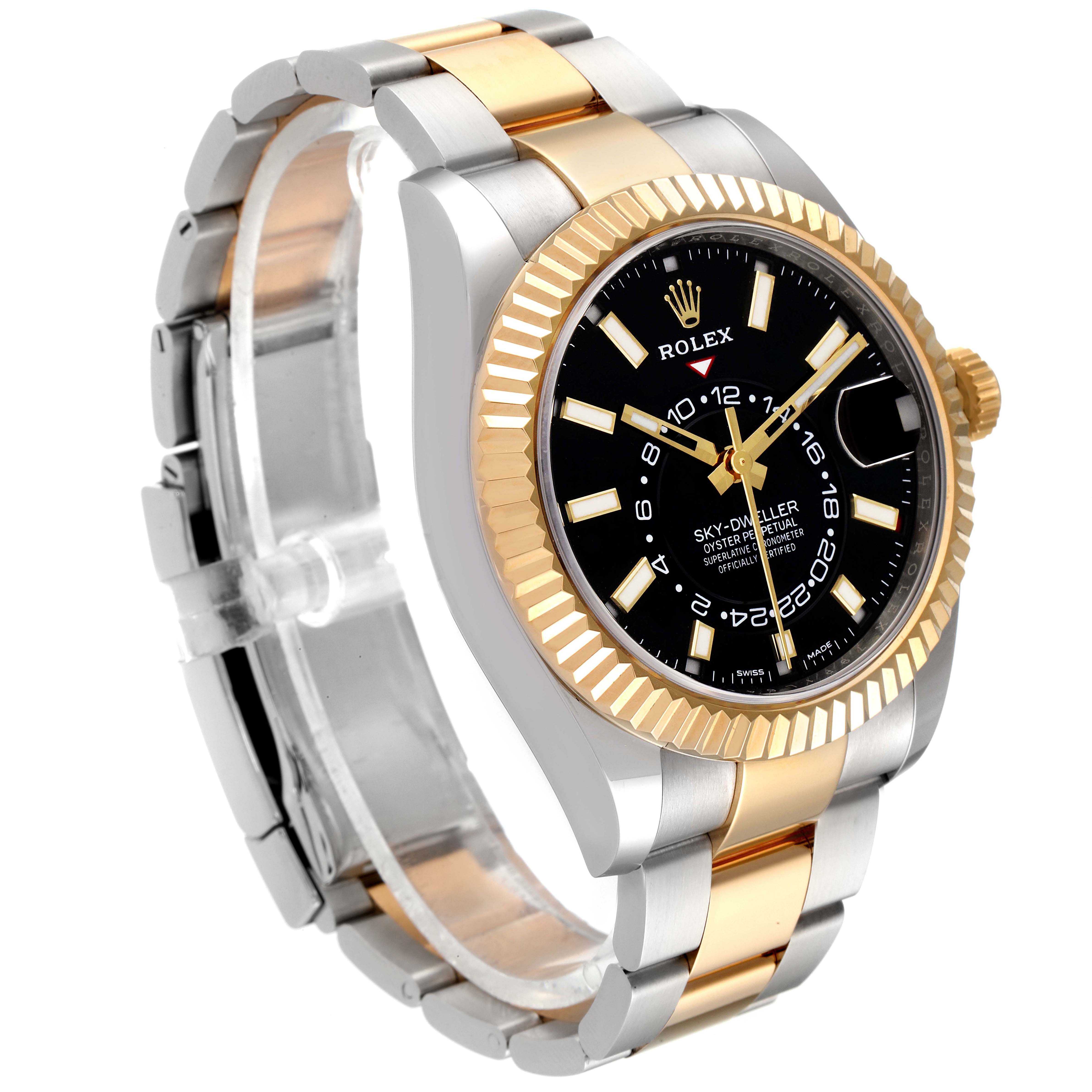 The Rolex Sky-Dweller 326933 Men's Steel and Gold (two tone) Black Dial 326933 Men's Steel and Gold (two tone) Black Dial watch is shown at a 3/4 angle highlighting its gold and silver bracelet and black dial.