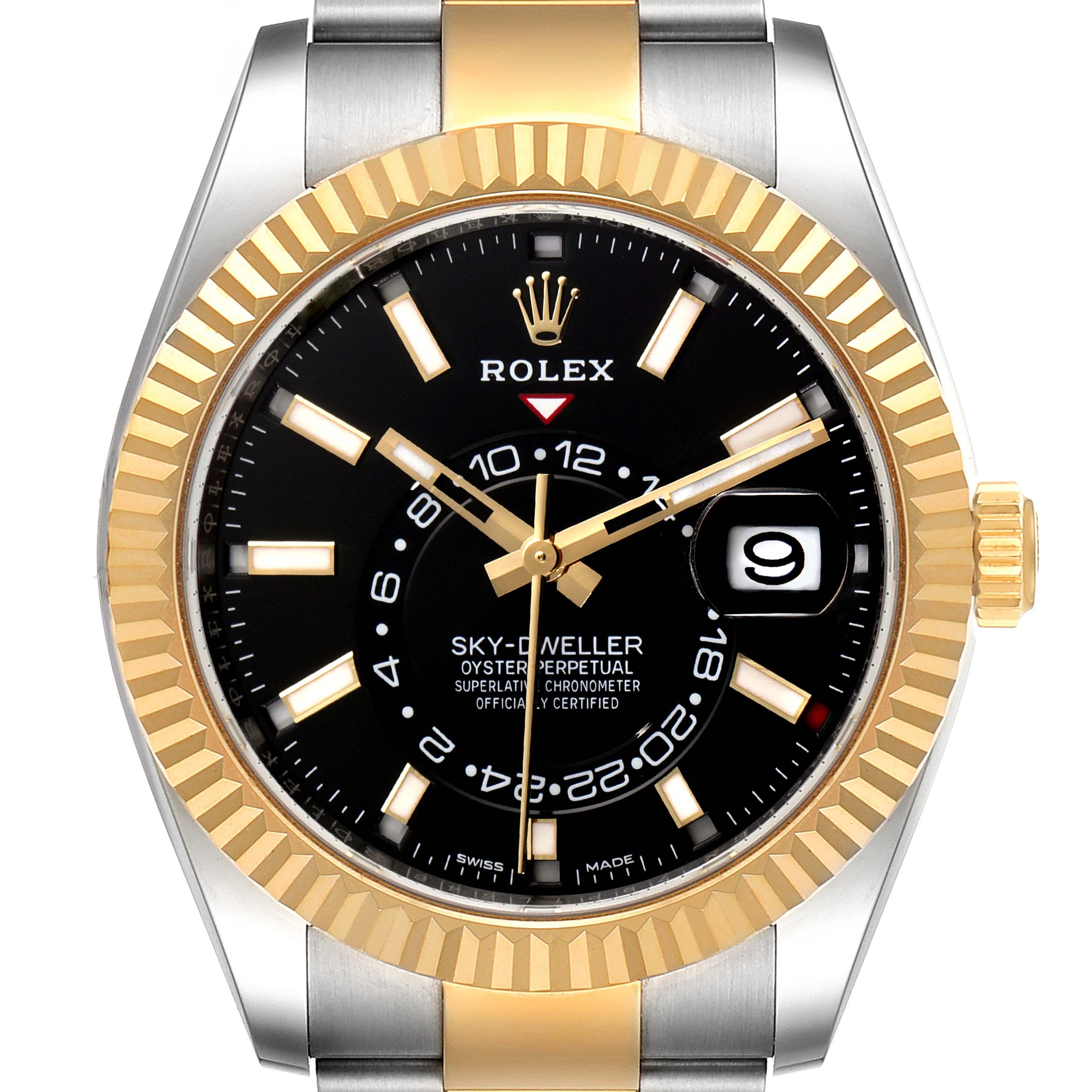 The image shows a front view of a Rolex Sky-Dweller 326933 Men's Steel and Gold (two tone) Black Dial 326933 Men's Steel and Gold (two tone) Black Dial watch, highlighting the black dial, gold bezel, and date display.