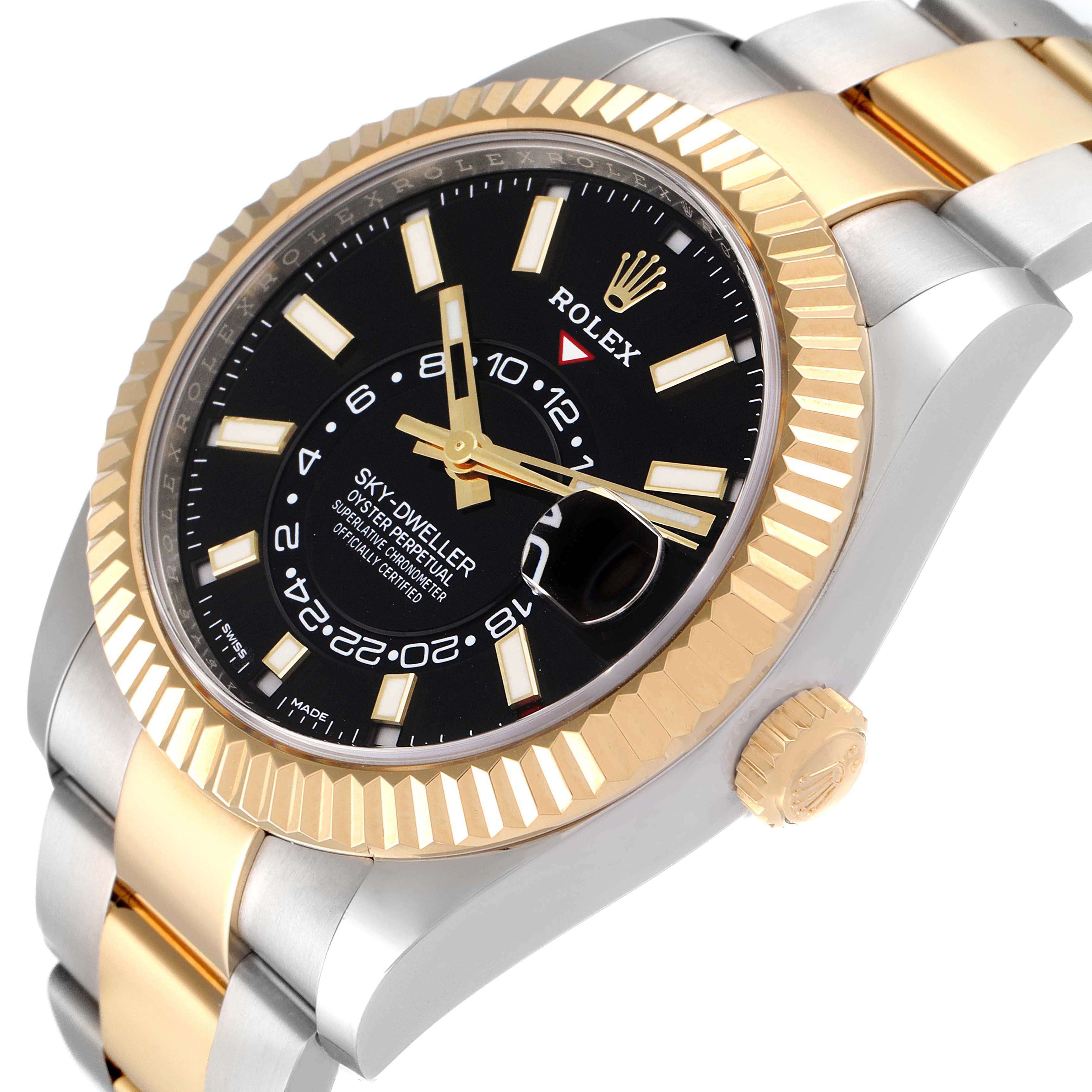 This image shows a close-up angle of the Rolex Sky-Dweller 326933 Men's Steel and Gold (two tone) Black Dial 326933 Men's Steel and Gold (two tone) Black Dial watch, highlighting the dial, bezel, and part of the bracelet.