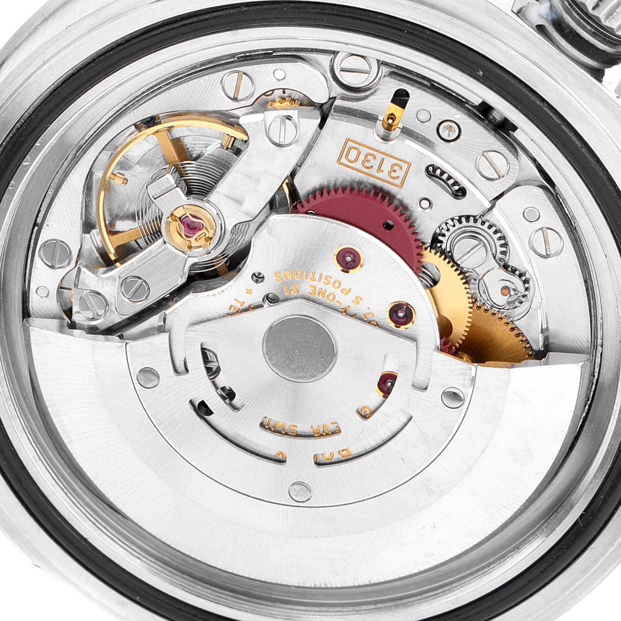 The image shows an up-close view of the inner mechanical movement of a Rolex Submariner 14060 Men
s Stainless Steel Black Dial 14060 Men
s Stainless Steel Black Dial watch.