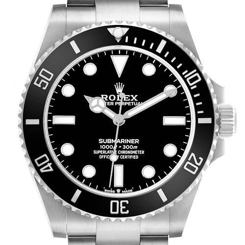 The Rolex Submariner 124060 Men's Stainless Steel Black Dial watch is shown front-facing, displaying the dial, bezel, and part of the bracelet.