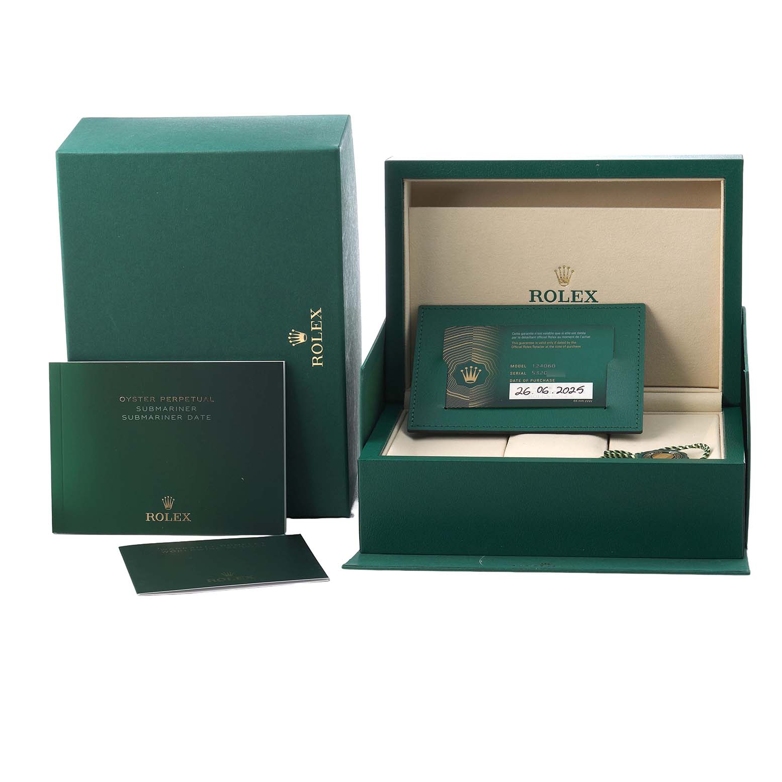 The image shows a Rolex Submariner 124060 Men's Stainless Steel Black Dial box set with packaging, warranty card, and booklet, viewed in a front-facing angle.