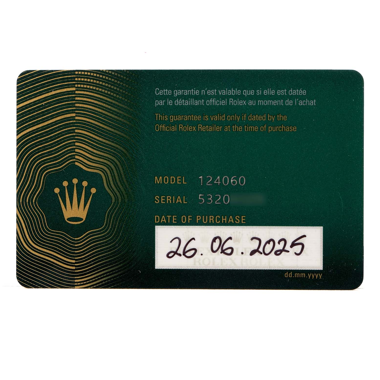 The image shows a warranty card for a Rolex Submariner 124060 Men's Stainless Steel Black Dial model with purchase details.