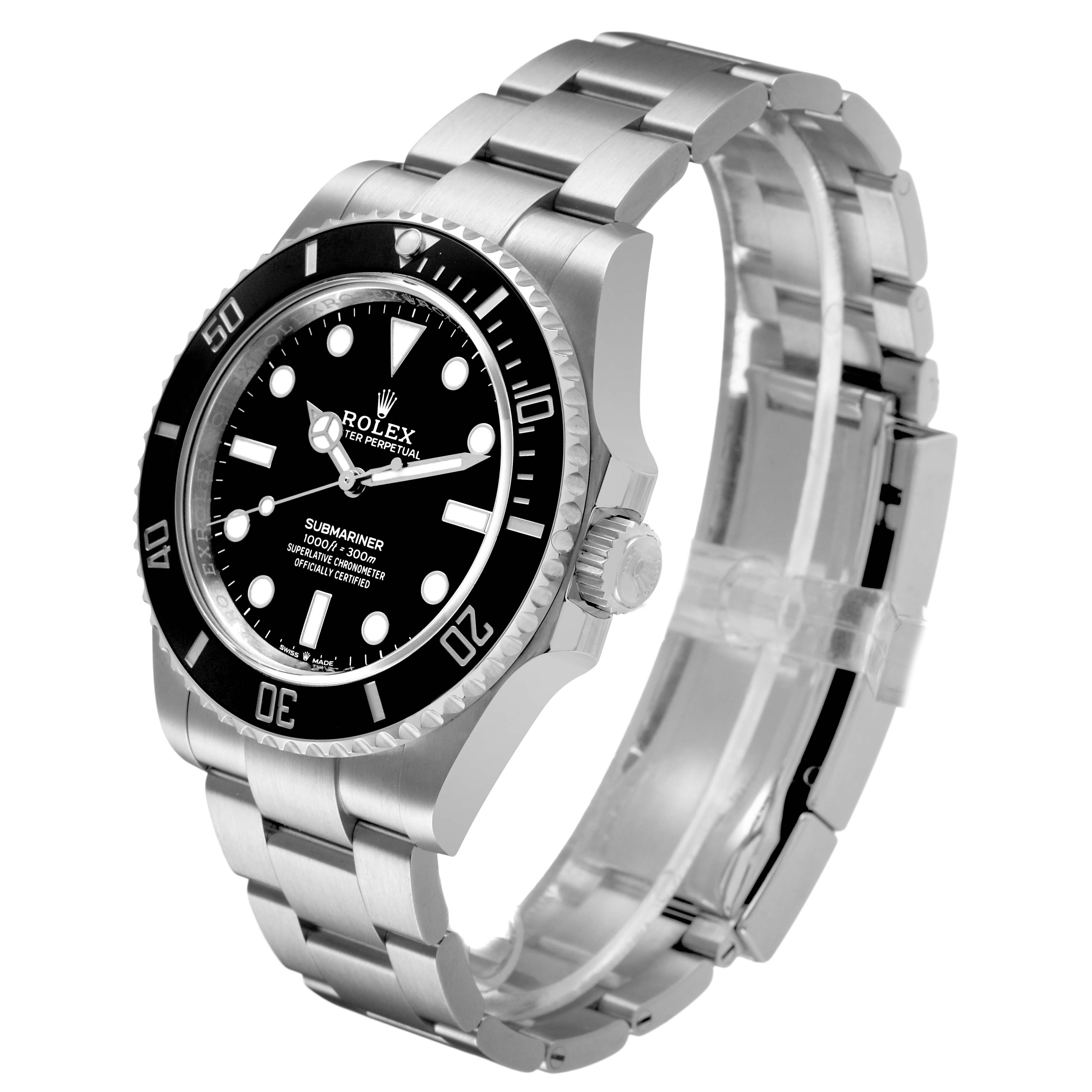 The Rolex Submariner 124060 Men's Stainless Steel Black Dial watch is shown at an angle displaying the face, bezel, crown, and stainless steel bracelet.