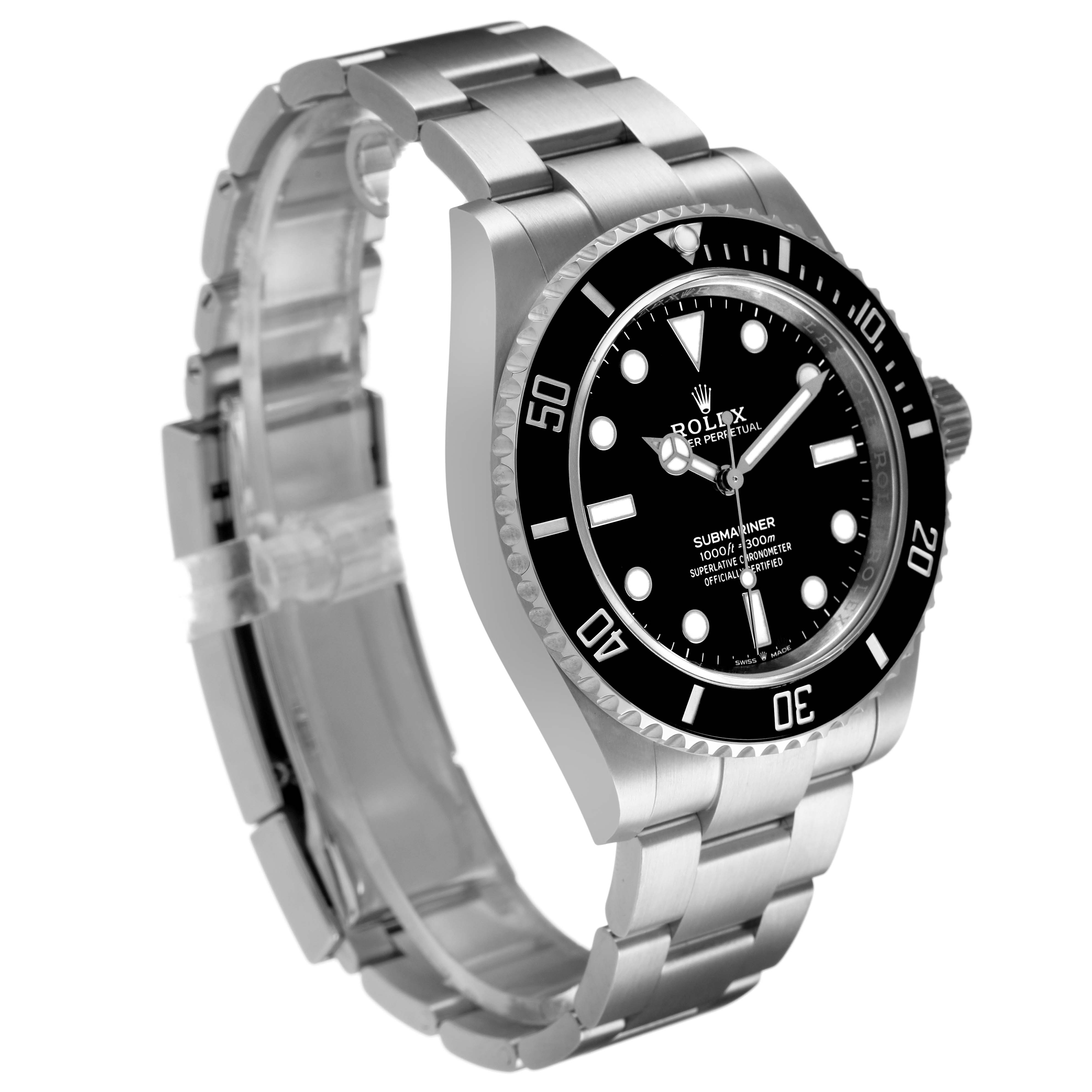 The Rolex Submariner 124060 Men's Stainless Steel Black Dial watch is shown at a slight angle highlighting the dial, bezel, and bracelet.