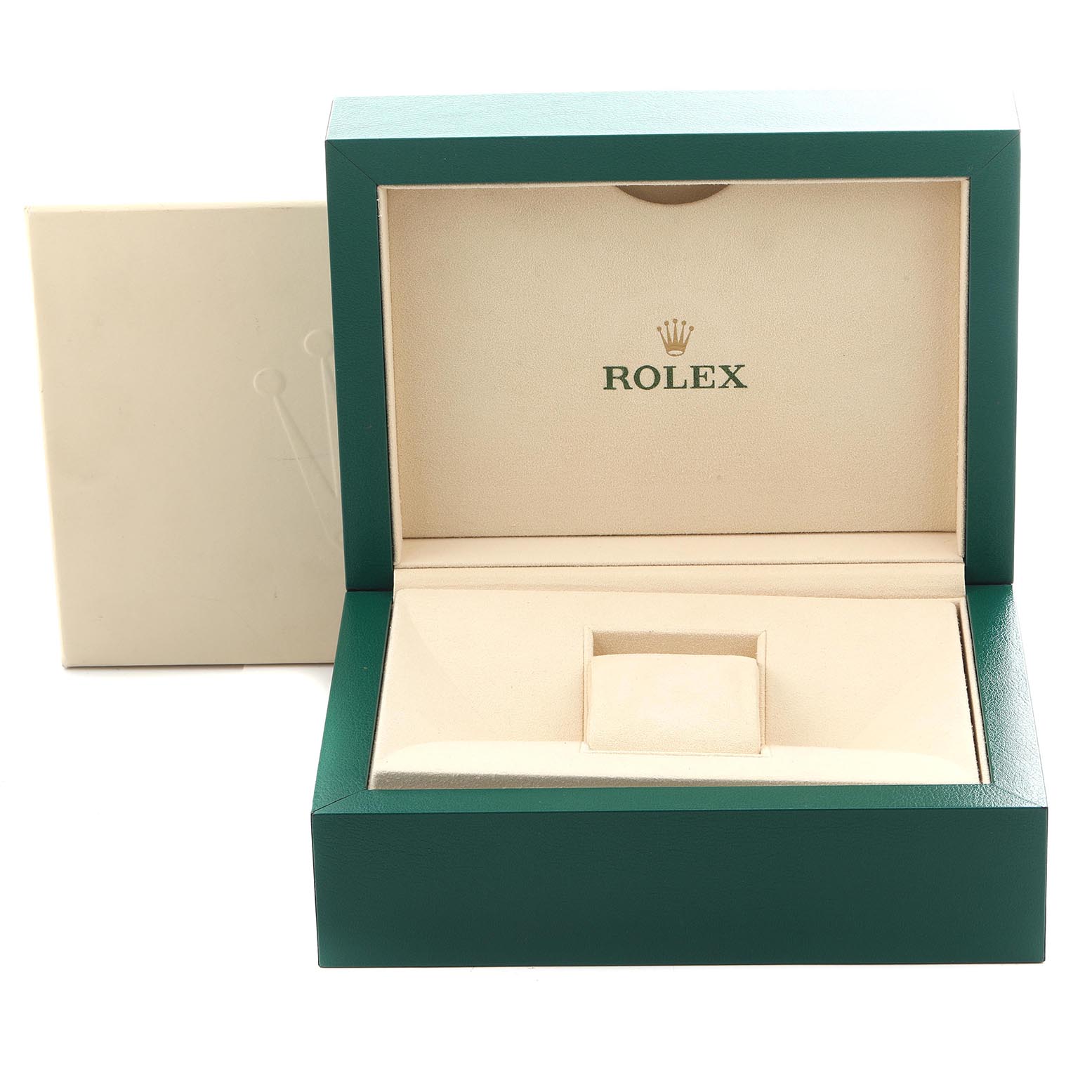 The image shows an open Rolex watch box for a Submariner model, featuring its green exterior and beige interior.