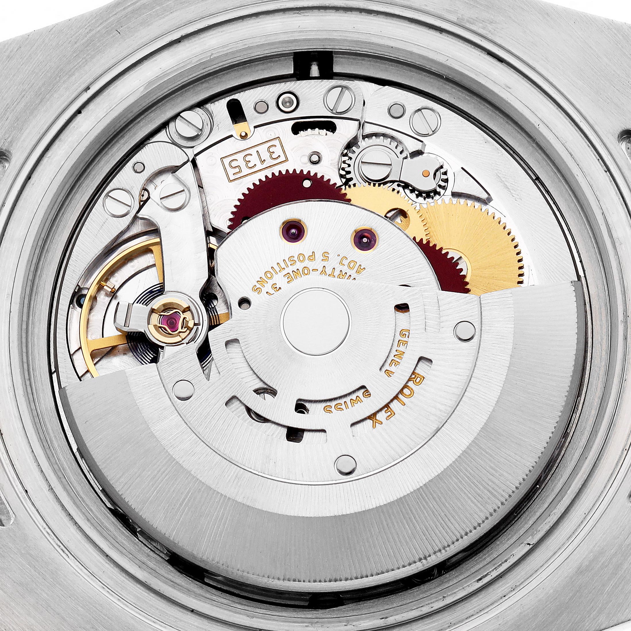 The image shows a close-up of the movement parts of a Rolex Submariner 116613 Men's Steel and Gold (two tone) Black Dial 116613 Men's Steel and Gold (two tone) Black Dial, focusing on the intricate gears and rotor.