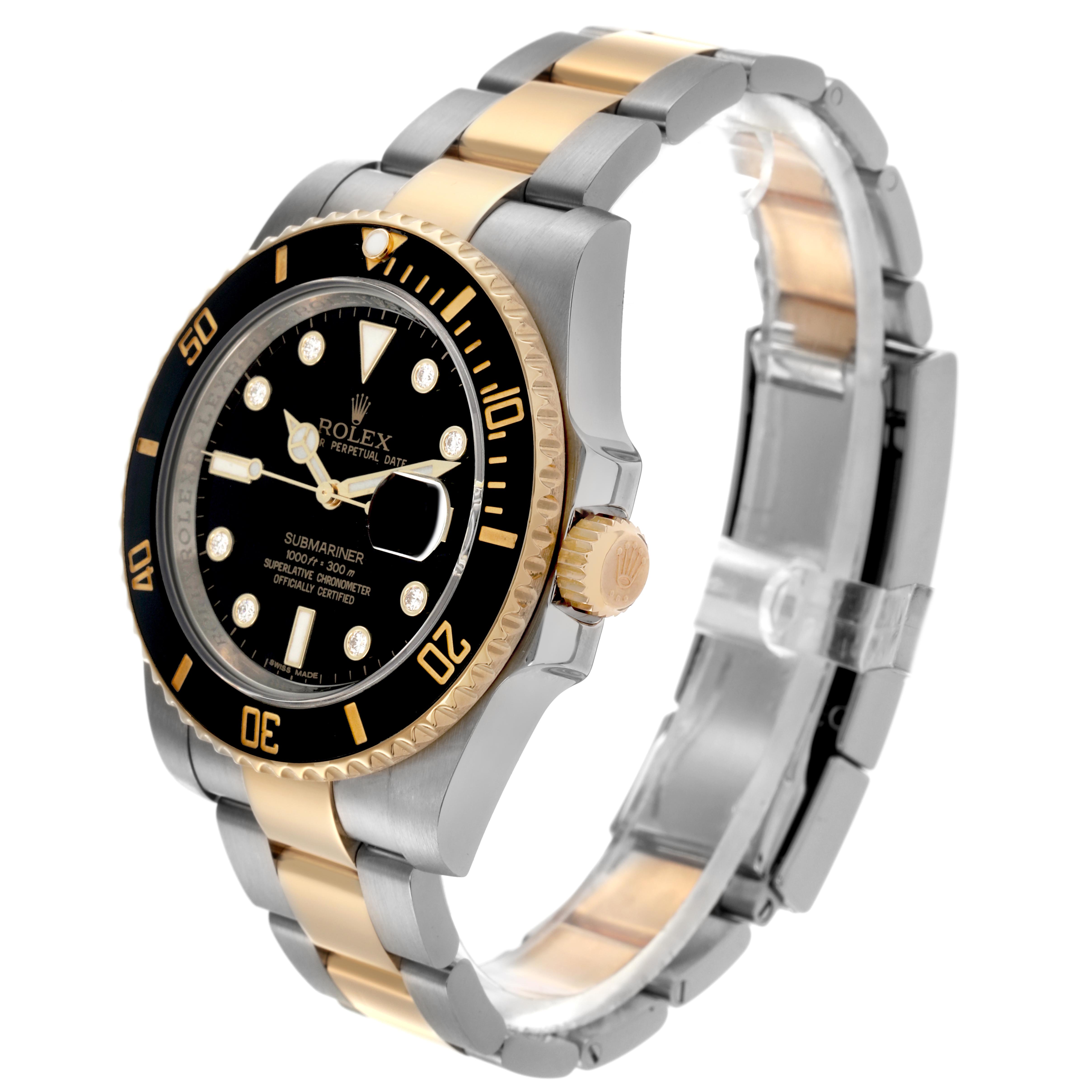 The Rolex Submariner 116613 Men's Steel and Gold (two tone) Black Dial 116613 Men's Steel and Gold (two tone) Black Dial is angled to show the face, bezel, crown, and two-tone bracelet.