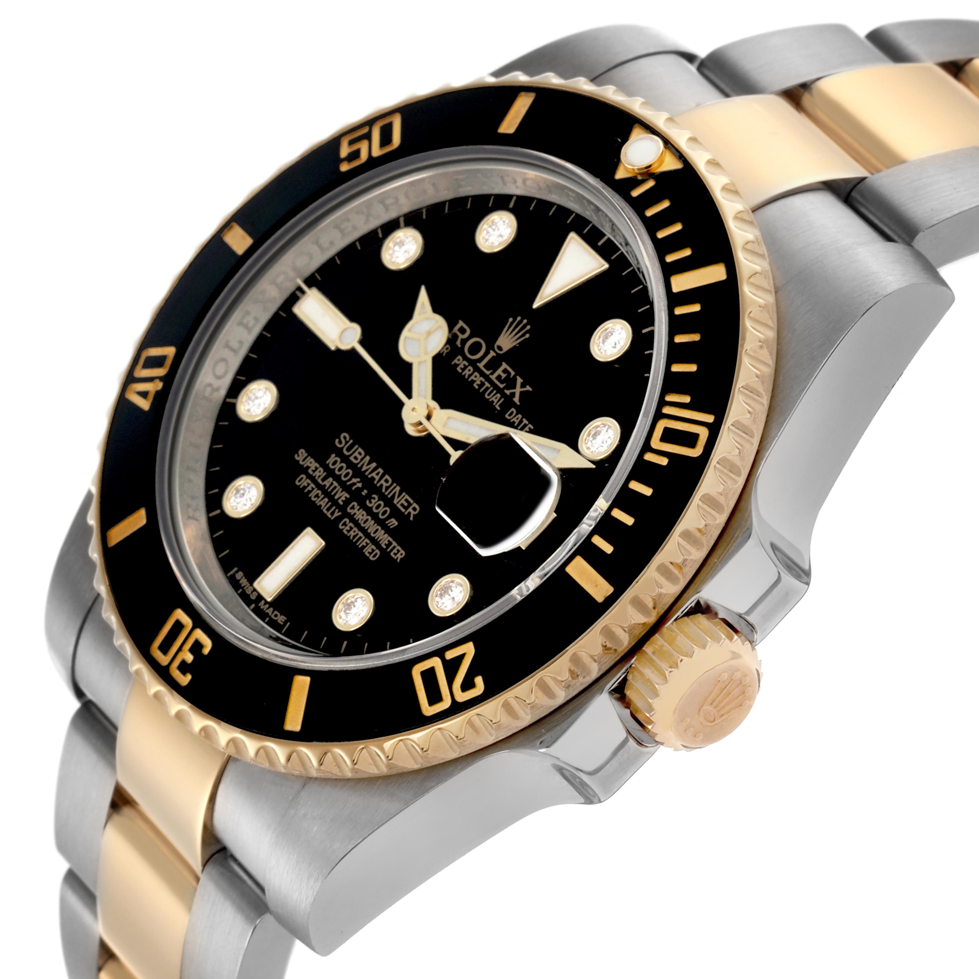 The Rolex Submariner 116613 Men's Steel and Gold (two tone) Black Dial 116613 Men's Steel and Gold (two tone) Black Dial watch is shown from an angled side view, highlighting the bezel, dial, and two-tone bracelet.