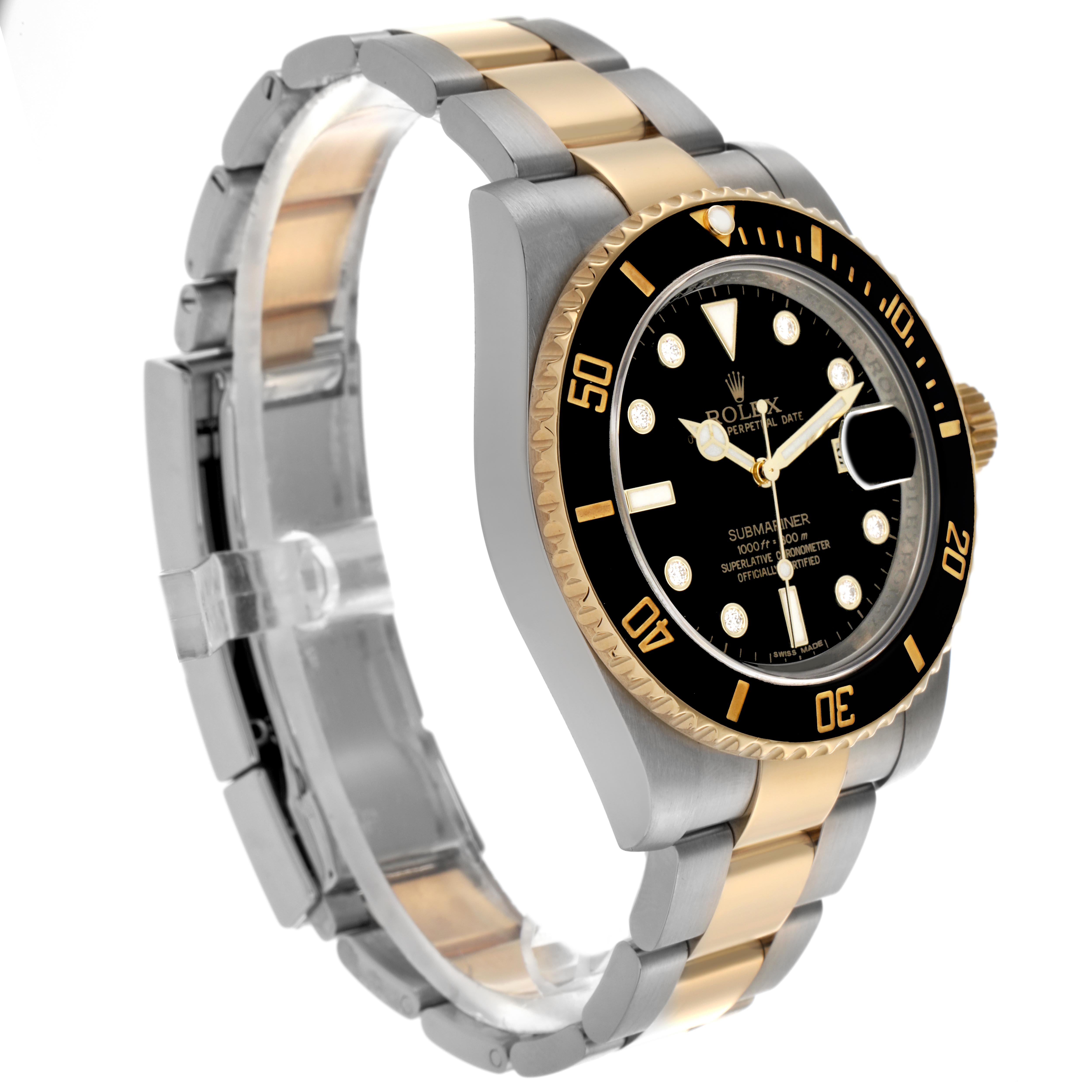 The Rolex Submariner 116613 Men's Steel and Gold (two tone) Black Dial 116613 Men's Steel and Gold (two tone) Black Dial is shown at a slight angle from the upper left, revealing the dial, bezel, and bracelet.