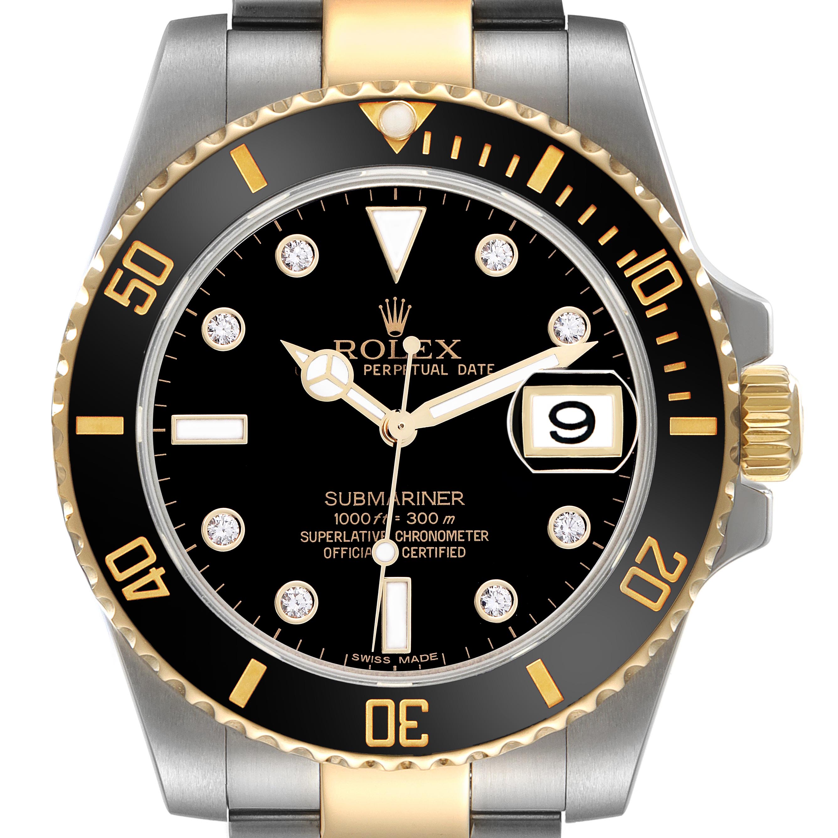 The Rolex Submariner 116613 Men's Steel and Gold (two tone) Black Dial 116613 Men's Steel and Gold (two tone) Black Dial is shown from a direct front angle, highlighting the dial, bezel, and partial bracelet.