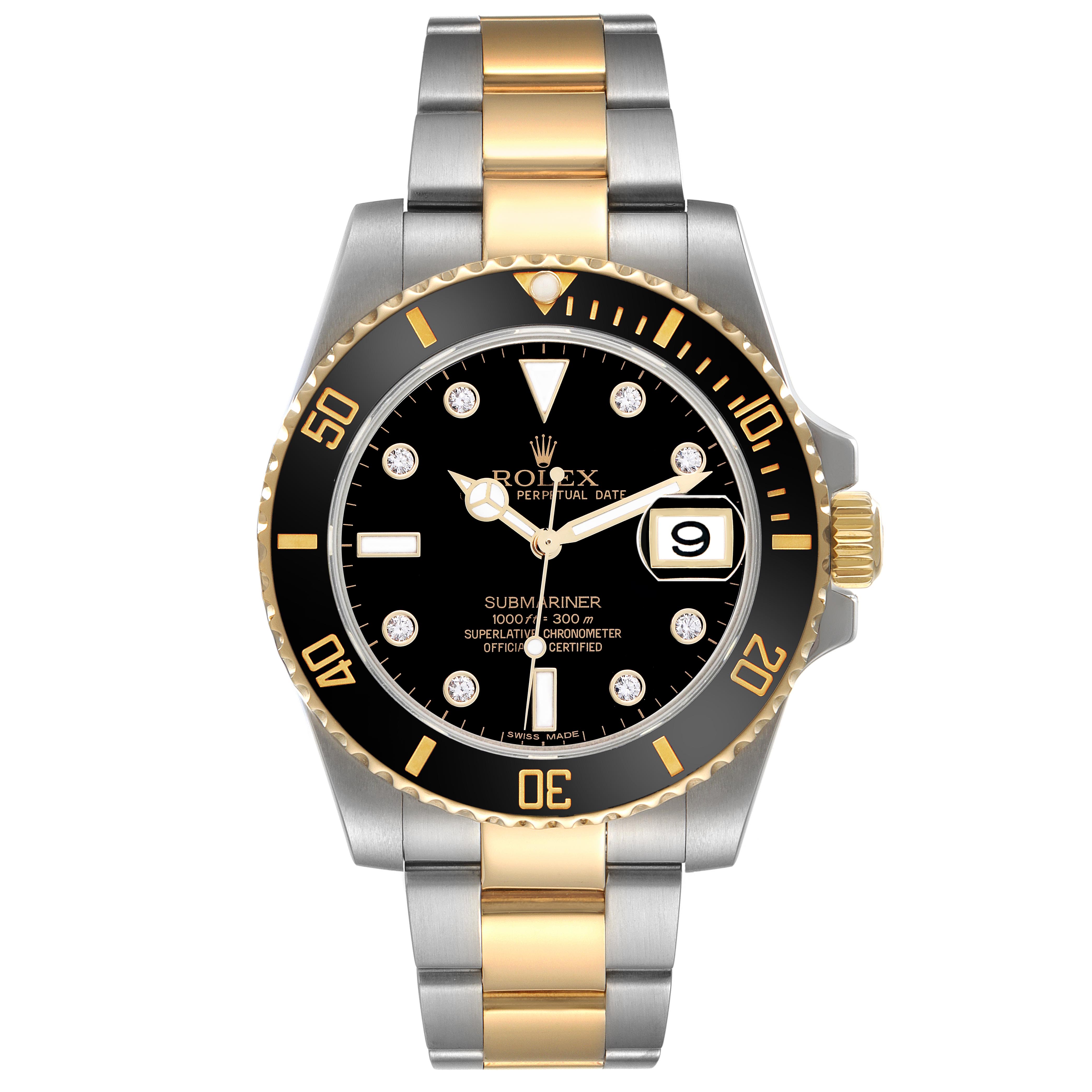 The Rolex Submariner 116613 Men's Steel and Gold (two tone) Black Dial 116613 Men's Steel and Gold (two tone) Black Dial is shown from the front, highlighting its black dial, gold and silver bracelet, and rotating bezel.