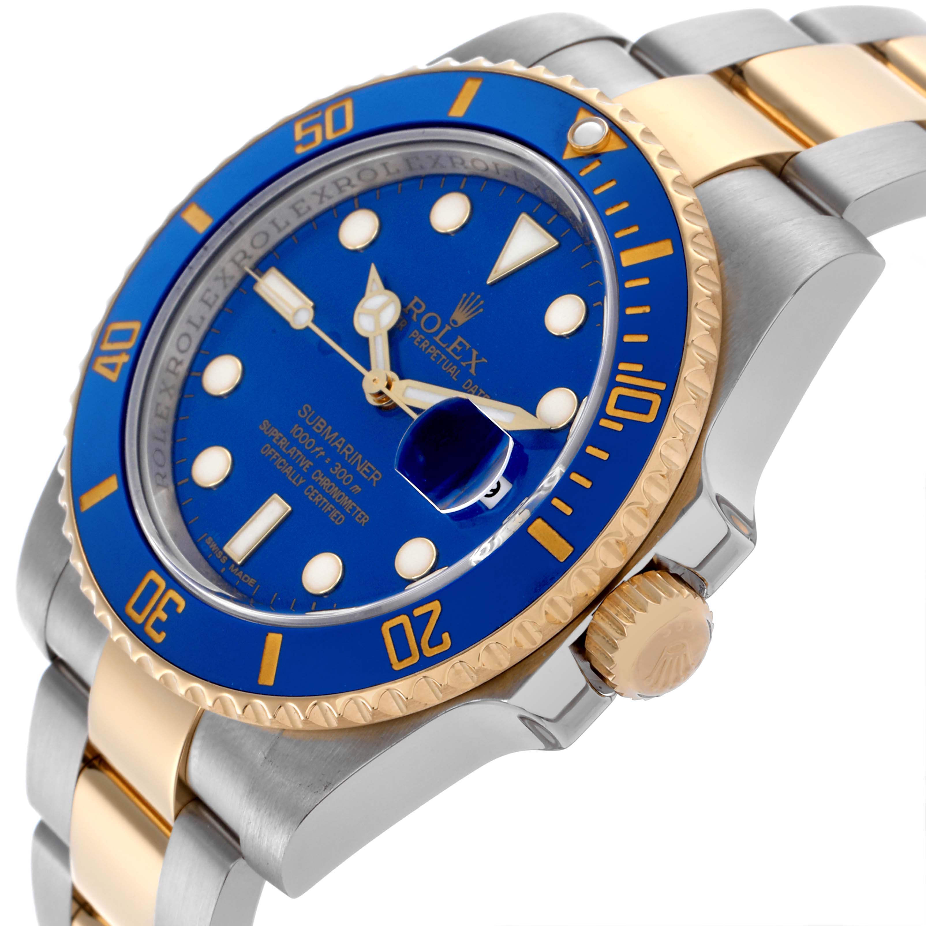 The Rolex Submariner 116613LB Men's Steel and Gold (two tone) Blue Dial 116613LB Men's Steel and Gold (two tone) Blue Dial watch is shown from a slight side angle, highlighting the blue dial, gold bezel, and two-tone bracelet.