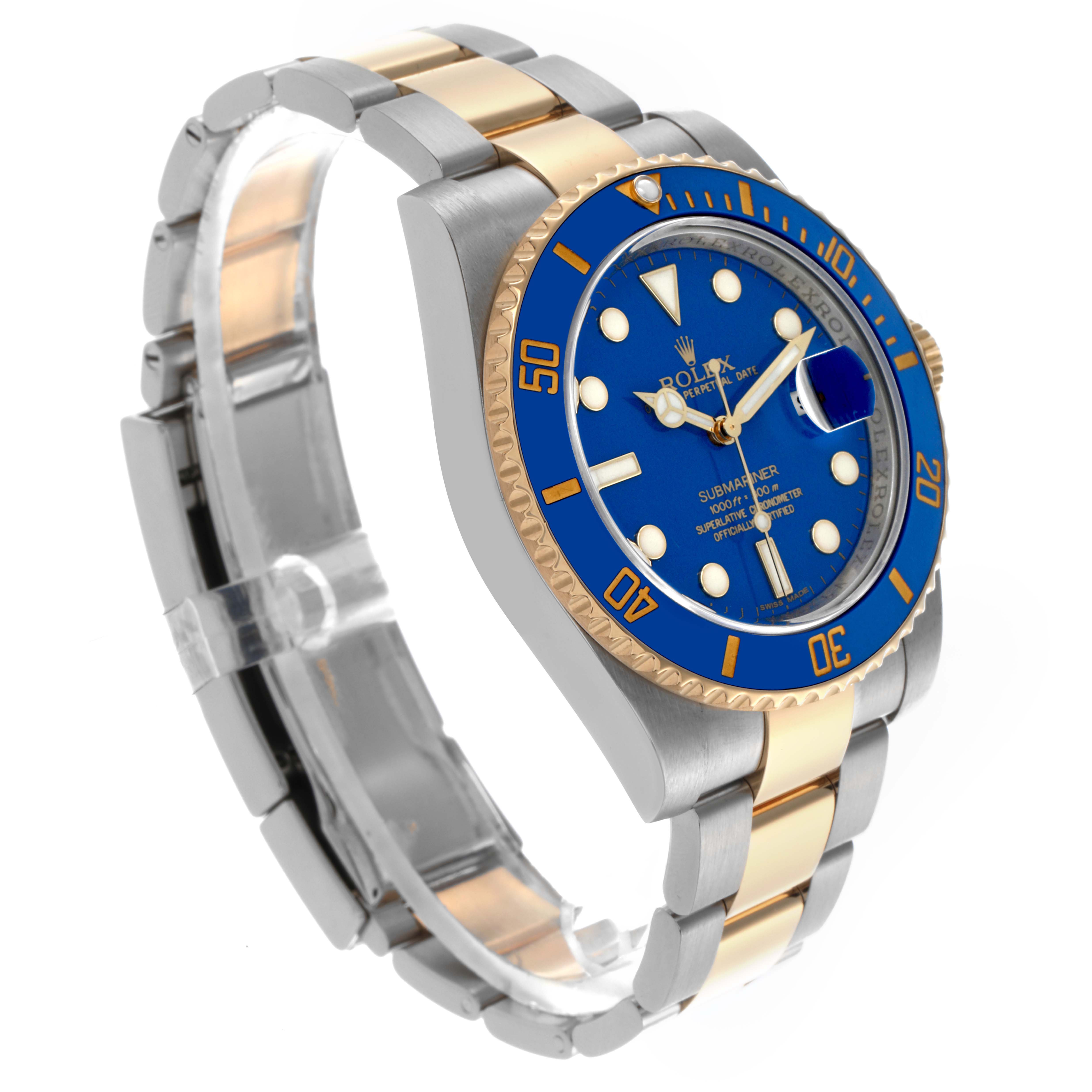 The Rolex Submariner 116613LB Men's Steel and Gold (two tone) Blue Dial 116613LB Men's Steel and Gold (two tone) Blue Dial watch is shown at a three-quarter angle, displaying the face, bezel, and two-tone bracelet.