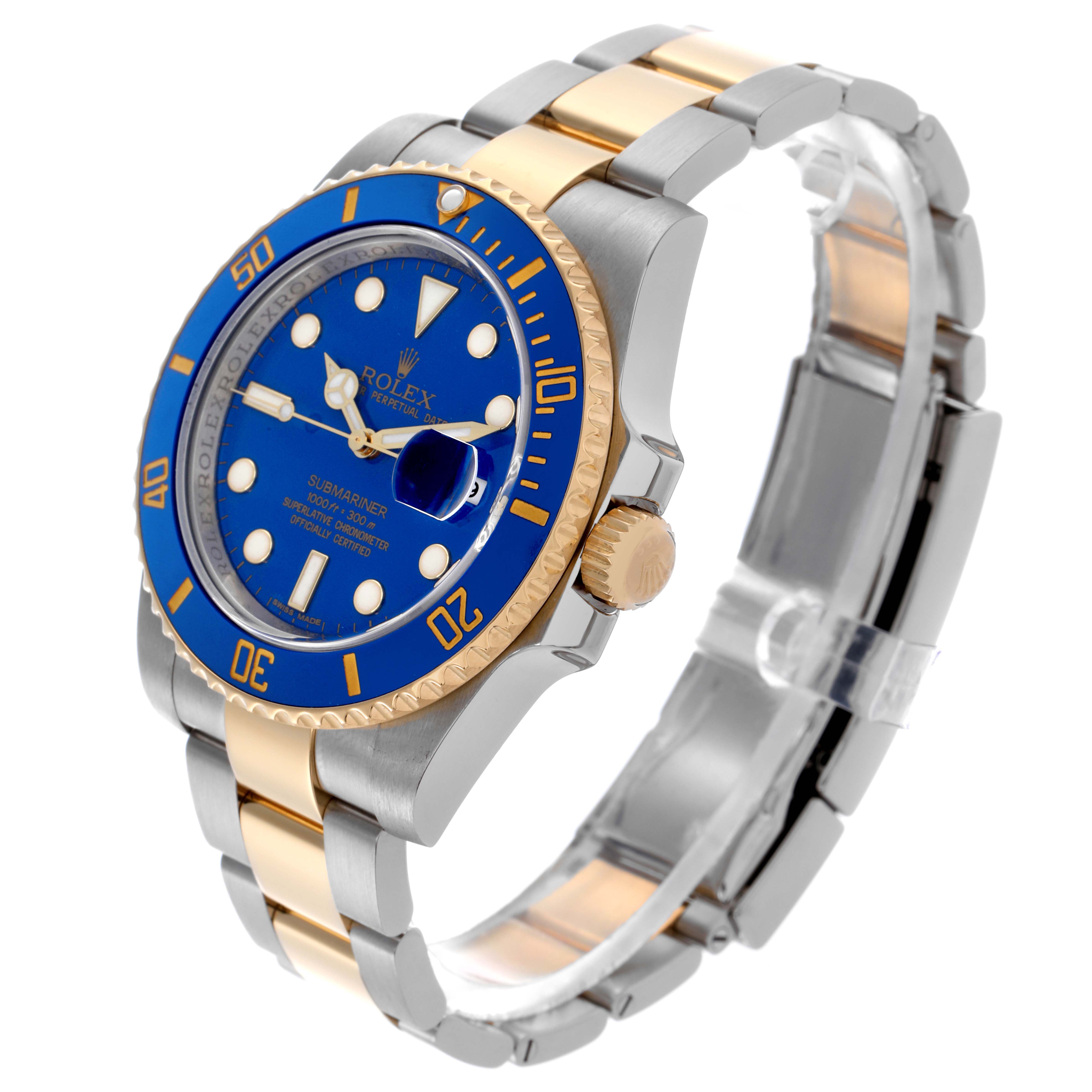The Rolex Submariner 116613LB Men's Steel and Gold (two tone) Blue Dial 116613LB Men's Steel and Gold (two tone) Blue Dial watch is shown at a three-quarter angle, highlighting the blue bezel, dial, gold accents, and bracelet.