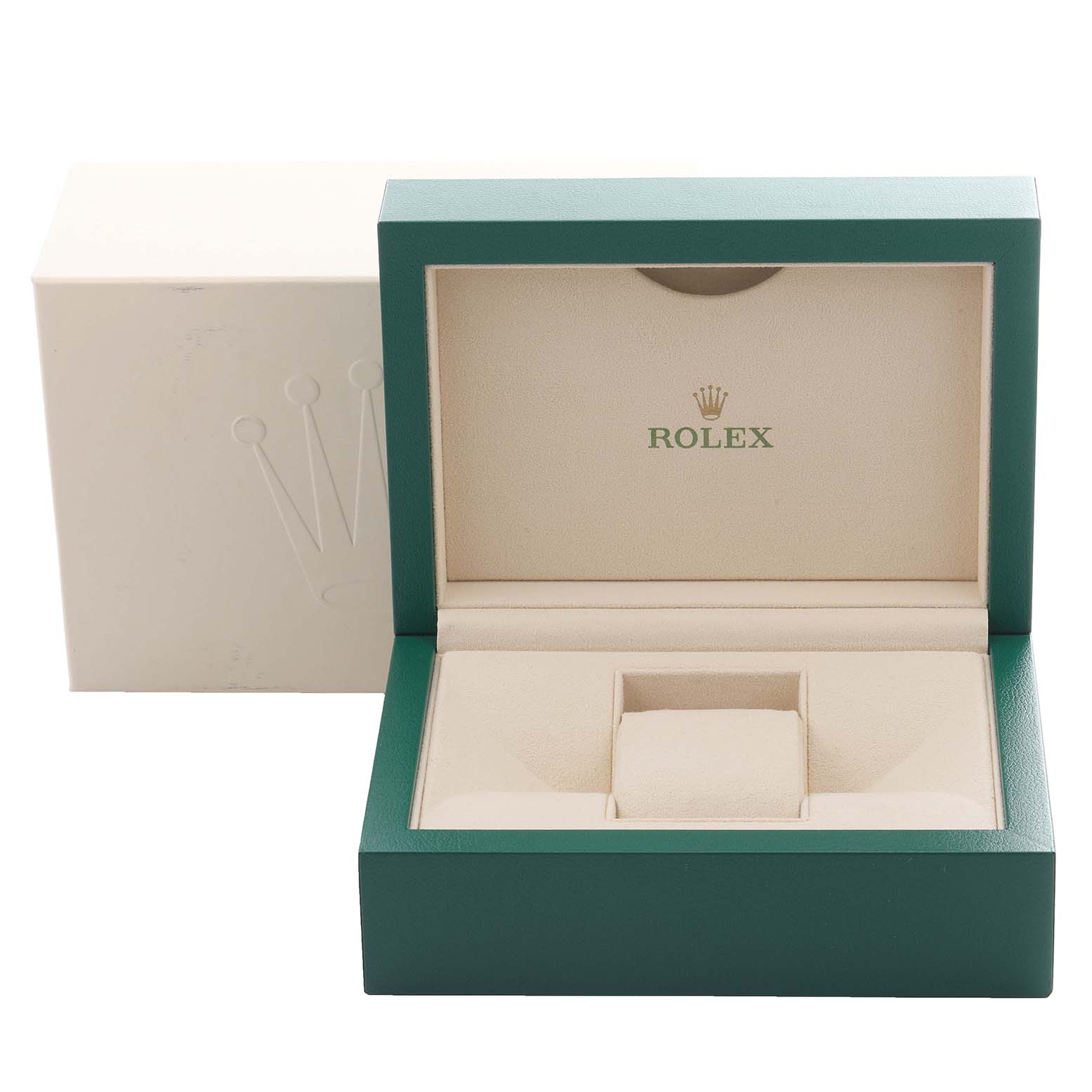 The image shows an open Rolex Submariner 116613LB Men's Steel and Gold (two tone) Blue Dial 116613LB Men's Steel and Gold (two tone) Blue Dial watch box, displaying the interior cushion and the brand logo.