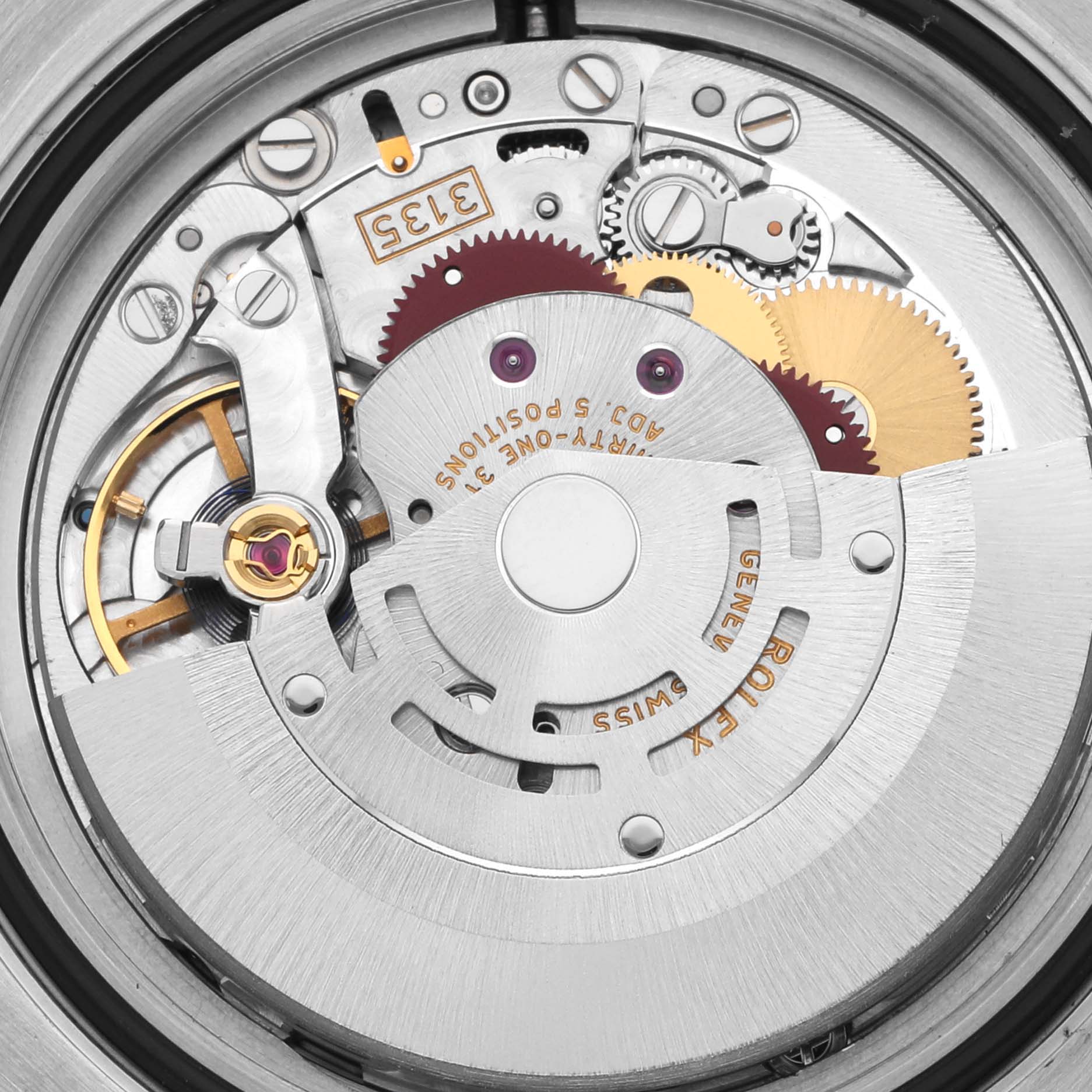 The image shows the intricate movement mechanism of a Rolex Submariner 116613LB Men's Steel and Gold (two tone) Blue Dial 116613LB Men's Steel and Gold (two tone) Blue Dial watch from a top-down angle.