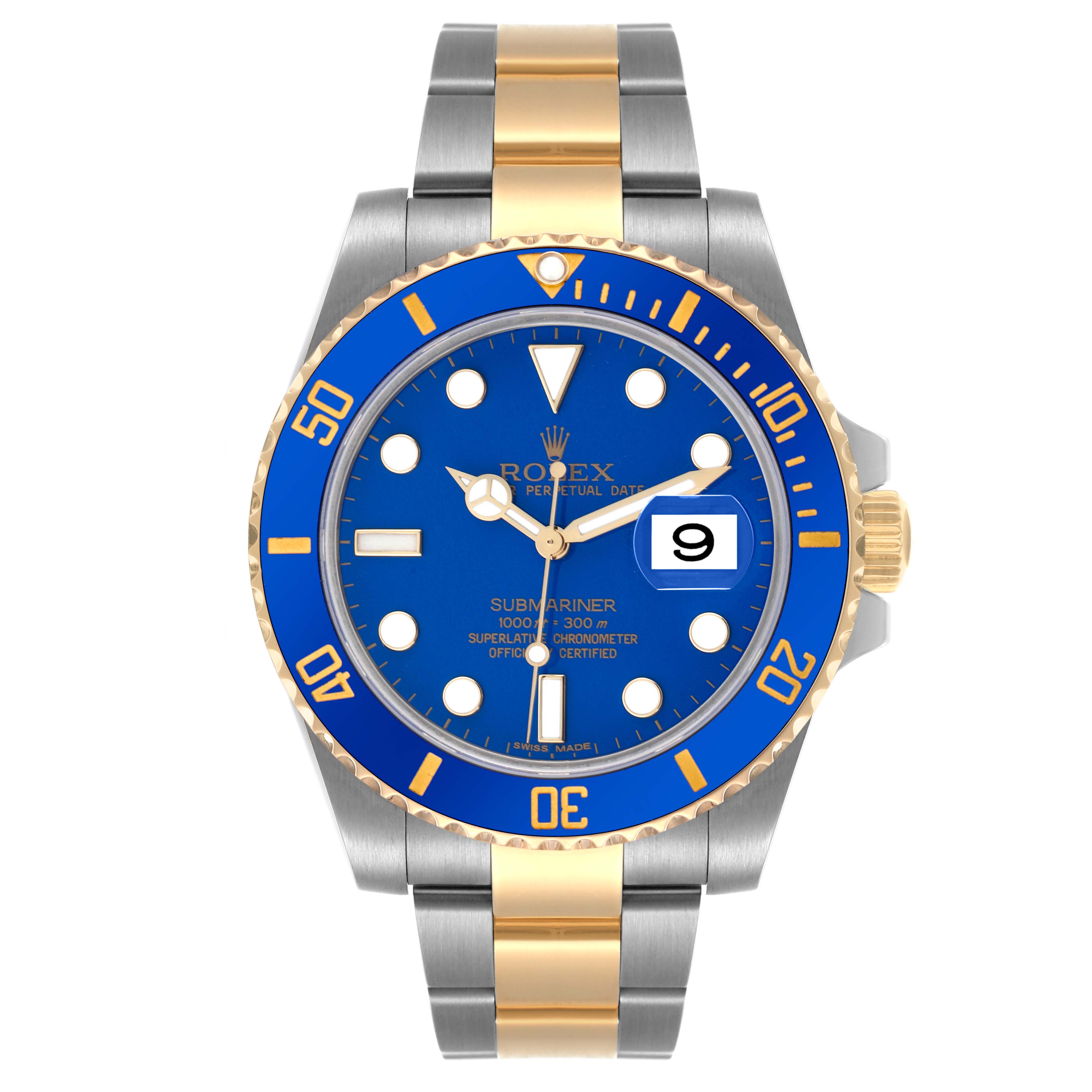 The Rolex Submariner 116613LB Men's Steel and Gold (two tone) Blue Dial 116613LB Men's Steel and Gold (two tone) Blue Dial watch is shown from a front view, highlighting its blue dial, bezel, and two-tone bracelet.